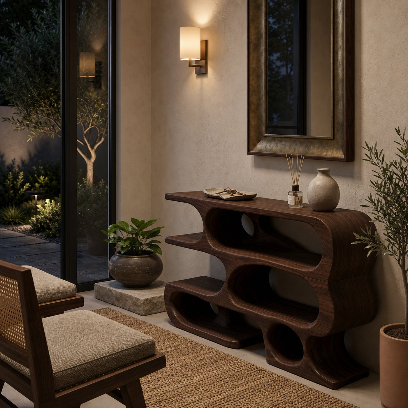 Contemporary Console Table With Multi Level Open Shelves For Living - product view 7