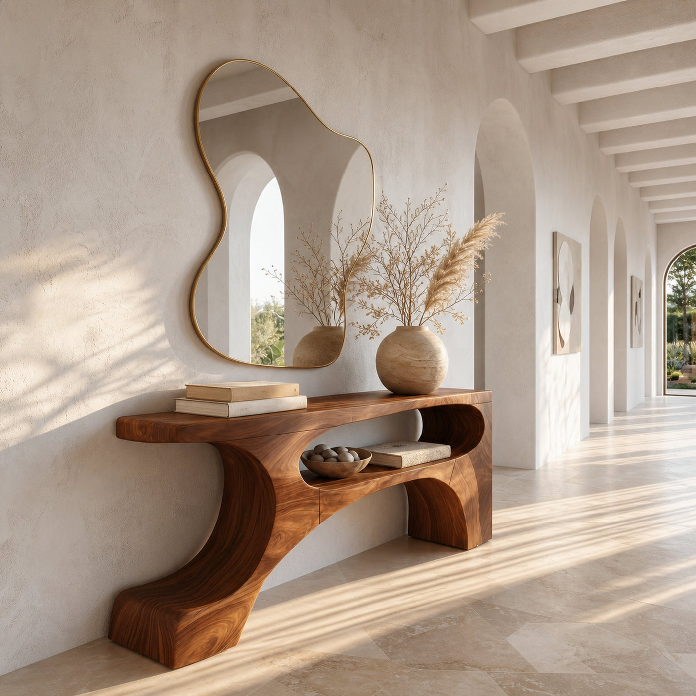 Contemporary Console Table With Organic Pedestal Design For Foyer