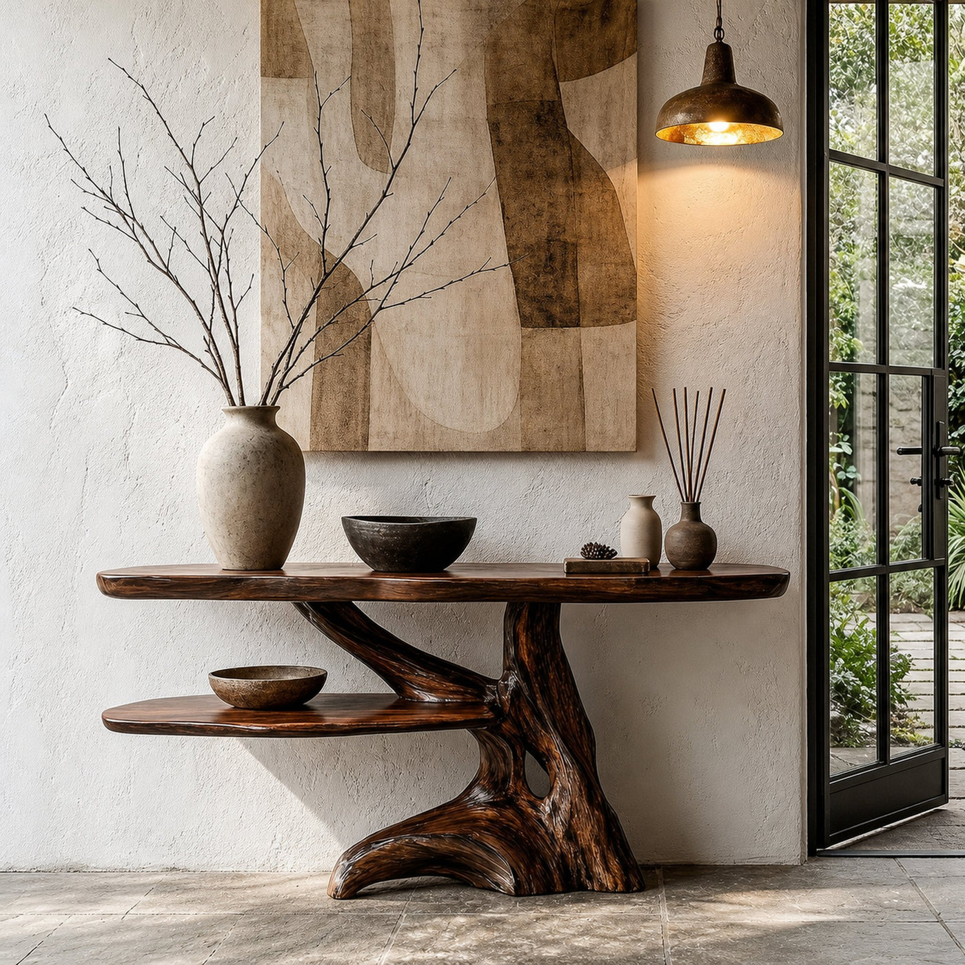 Contemporary Console Table With Sculptural Solid Wood Root Design For Entryway