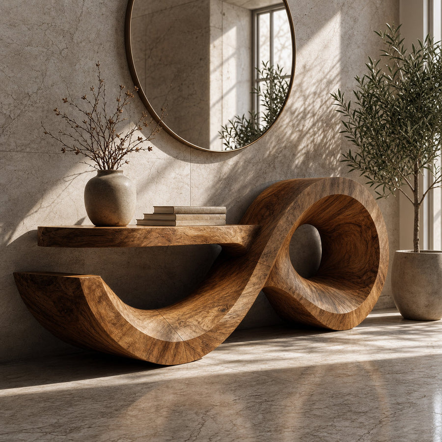 Contemporary Console Table With Sculptural Wave Wood Base And Solid Wood Top For Living Room