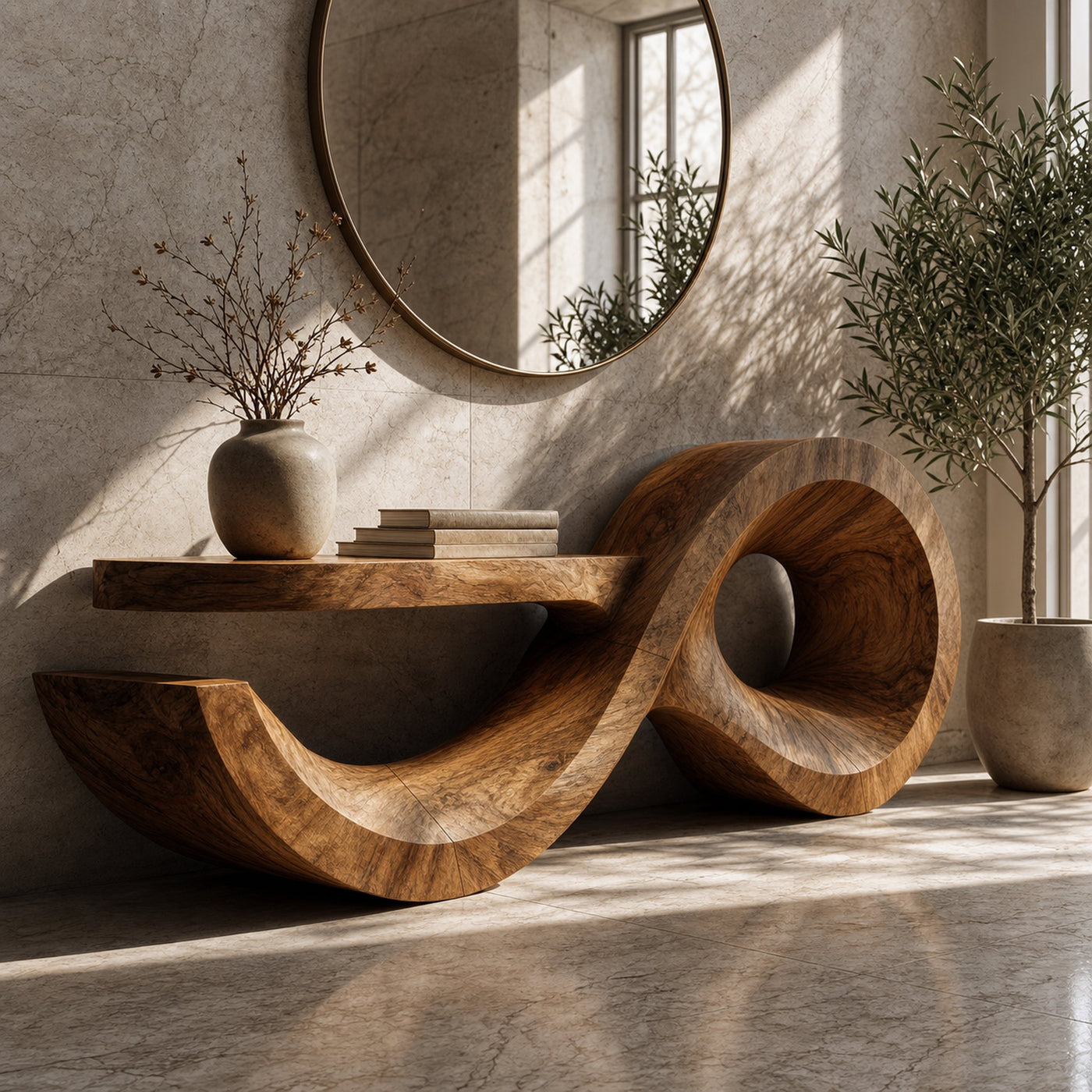 Contemporary Console Table With Sculptural Wave Wood Base And Solid Wood Top For Living Room