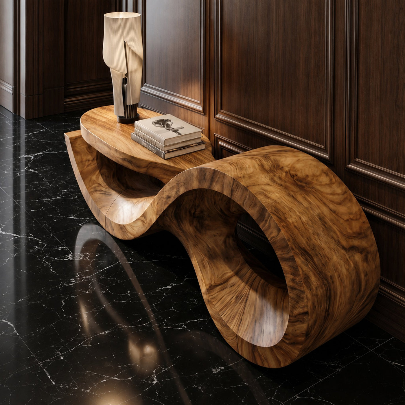 Contemporary Console Table With Sculptural Wave Wood Base And Solid Wood Top For Living Room - product view 2