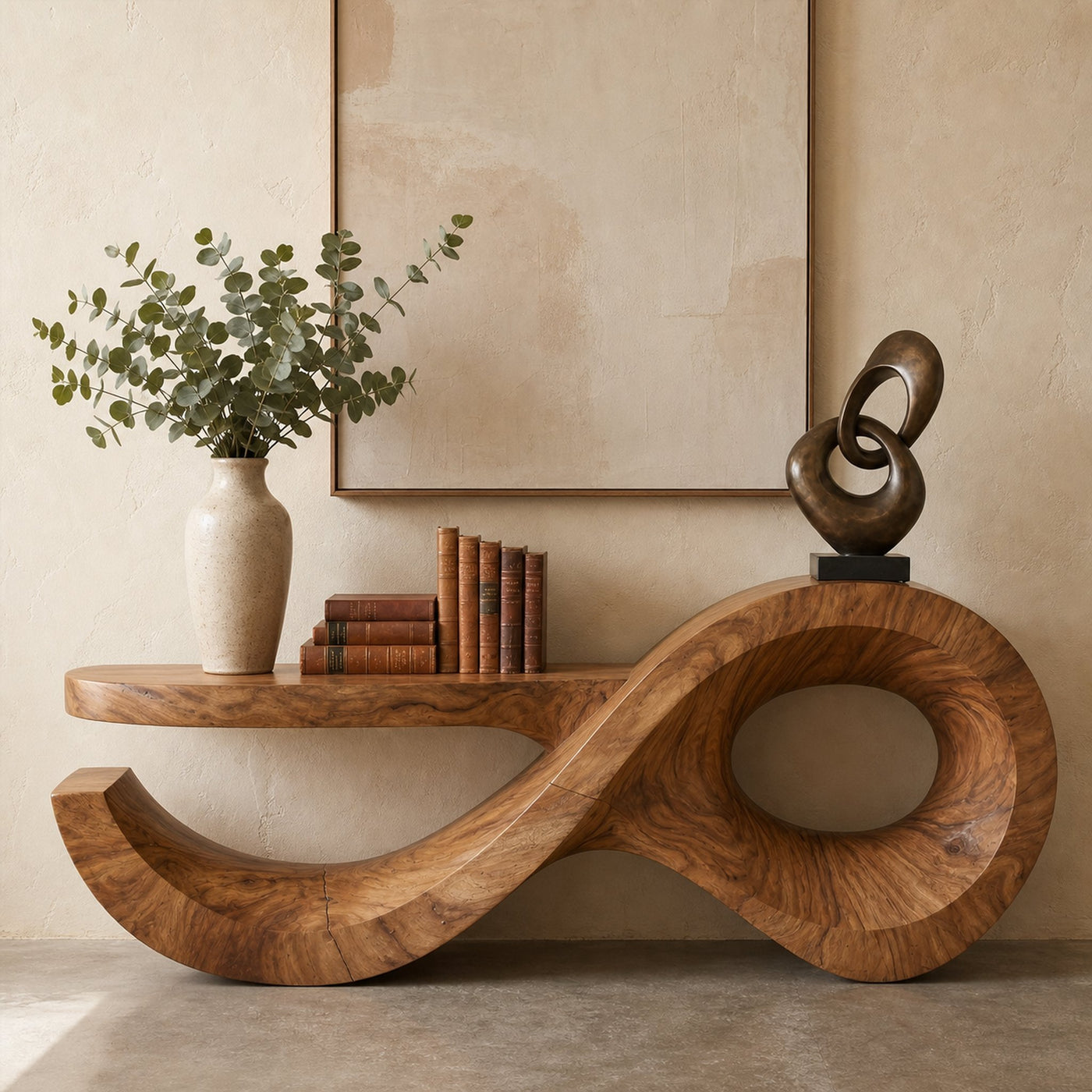 Contemporary Console Table With Sculptural Wave Wood Base And Solid Wood Top For Living Room - product view 3