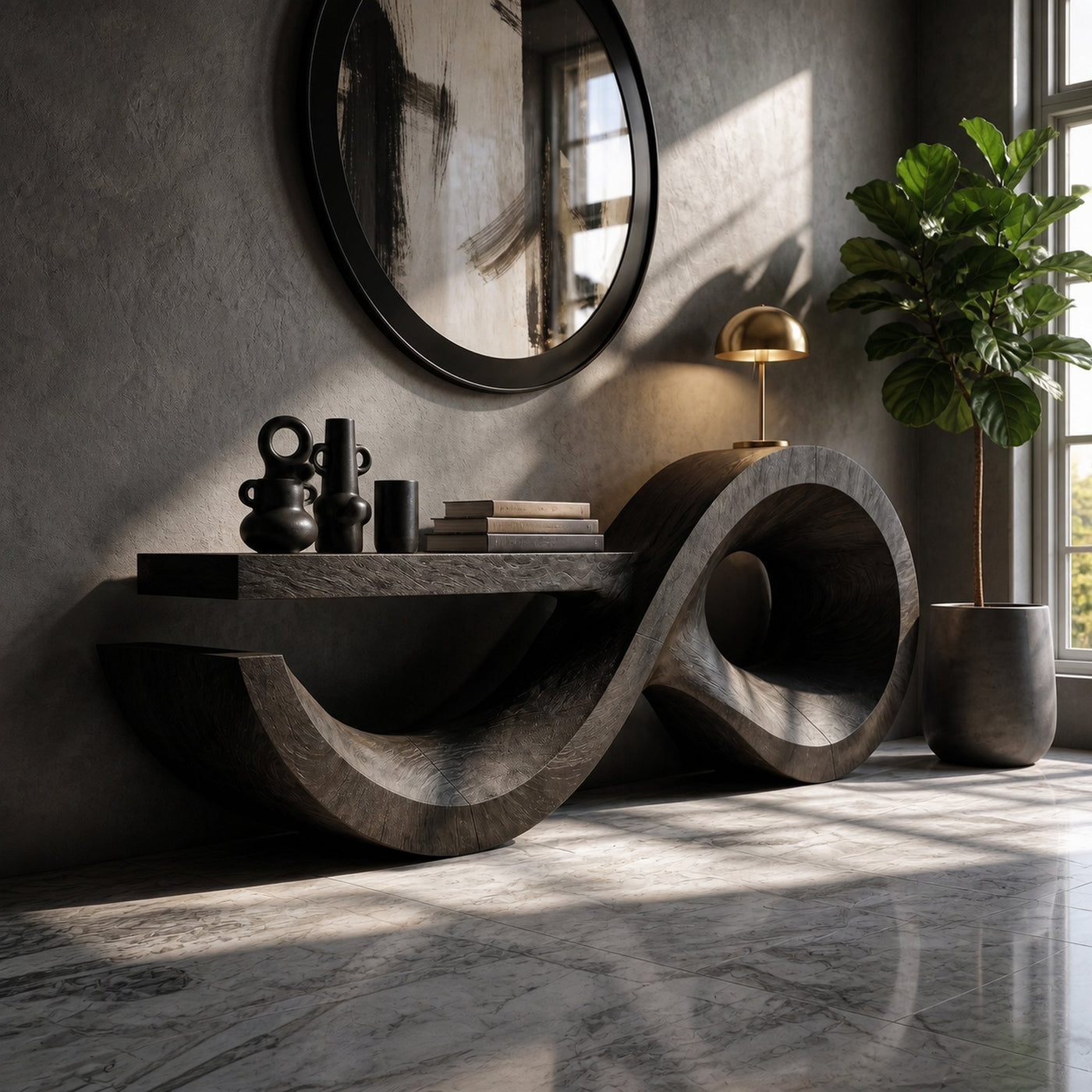 Contemporary Console Table With Sculptural Wave Wood Base And Solid Wood Top For Living Room - product view 4