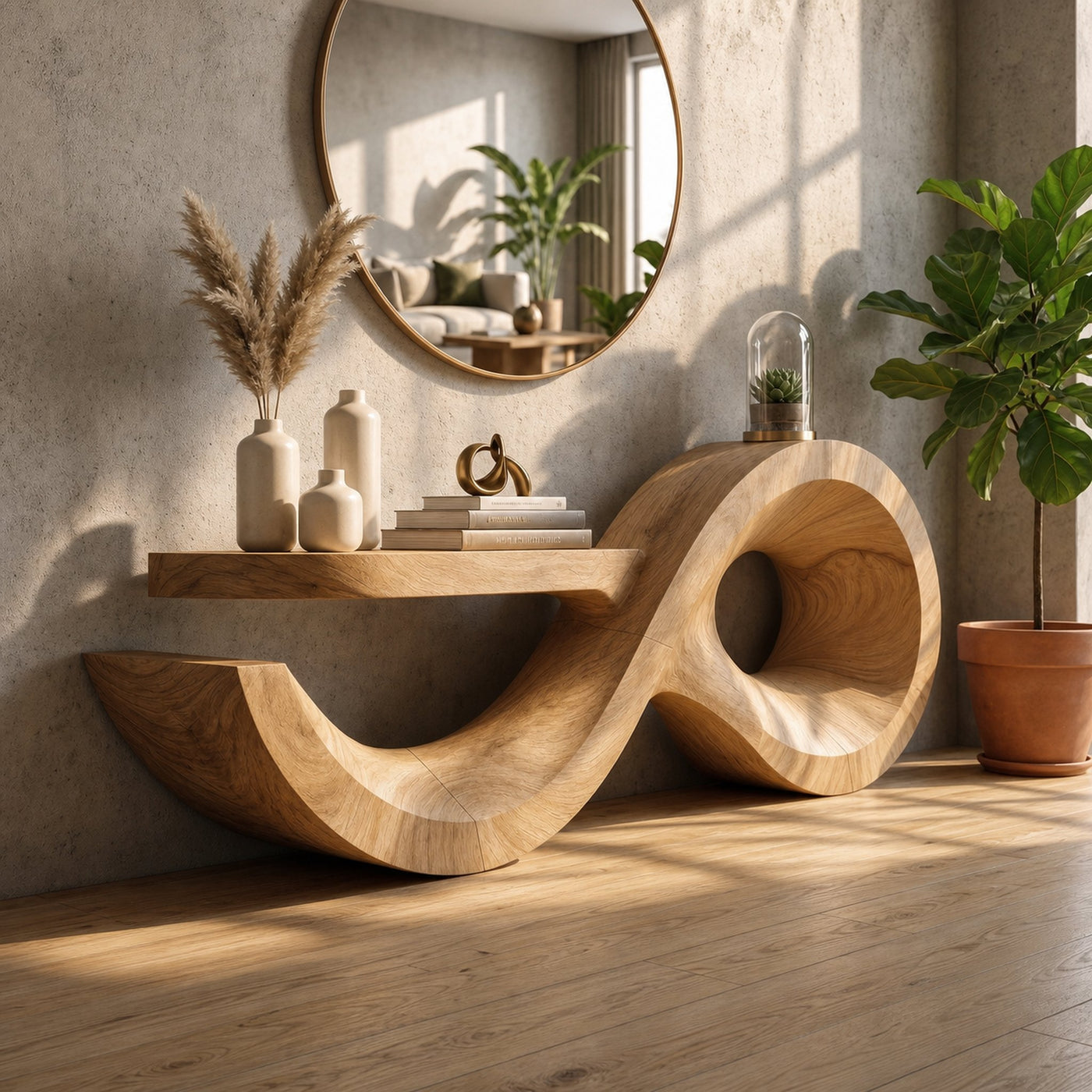 Contemporary Console Table With Sculptural Wave Wood Base And Solid Wood Top For Living Room - product view 5
