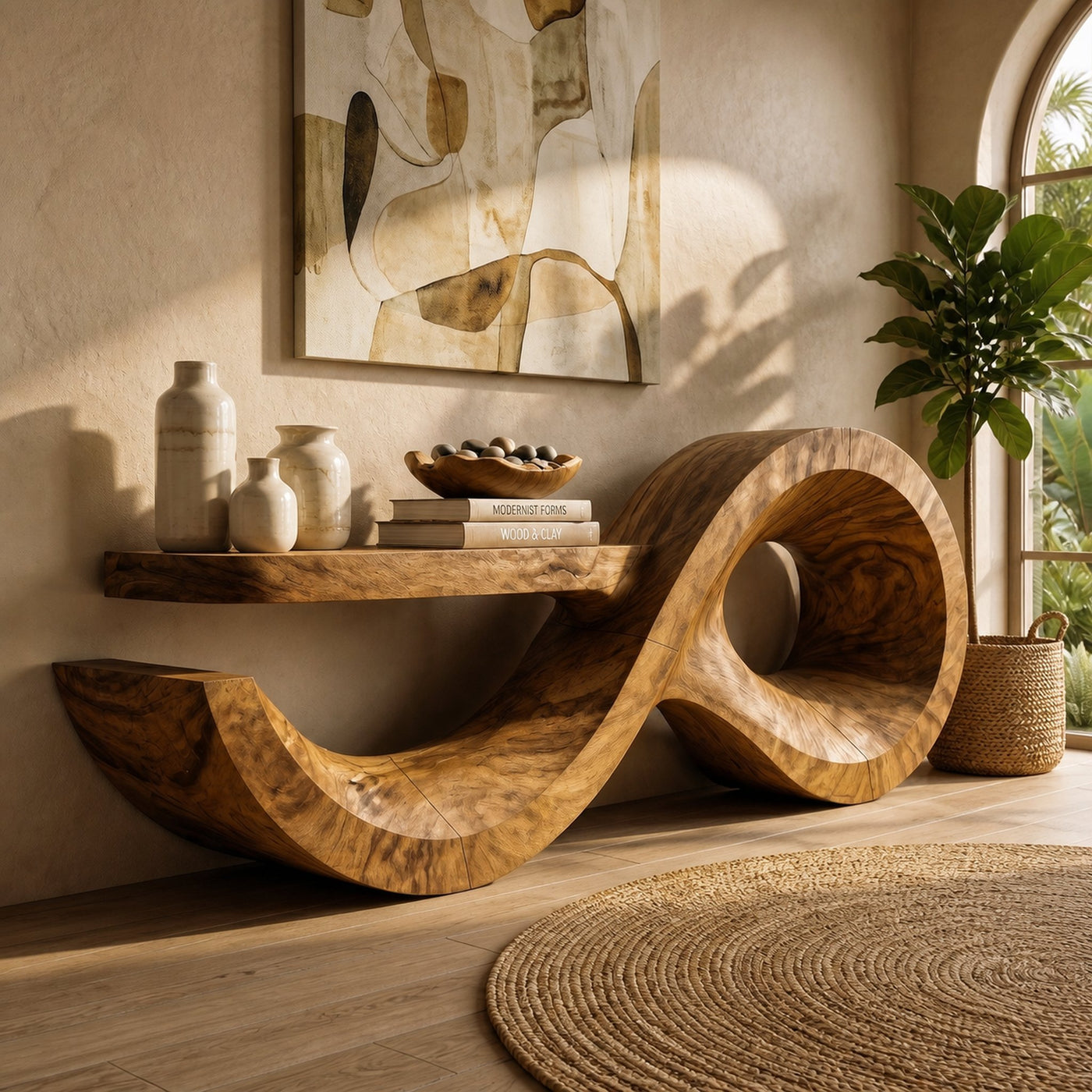 Contemporary Console Table With Sculptural Wave Wood Base And Solid Wood Top For Living Room - product view 6