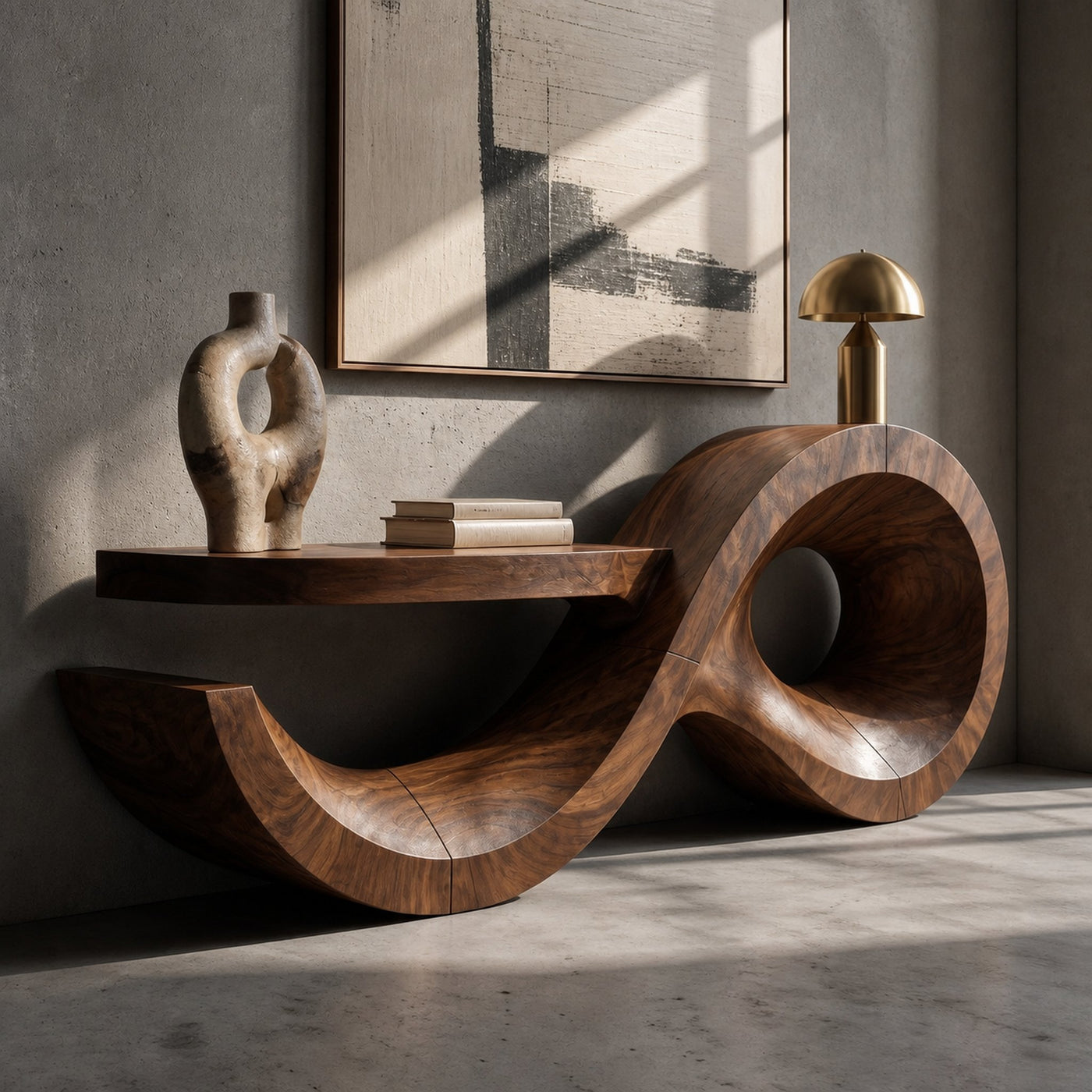 Contemporary Console Table With Sculptural Wave Wood Base And Solid Wood Top For Living Room - product view 7