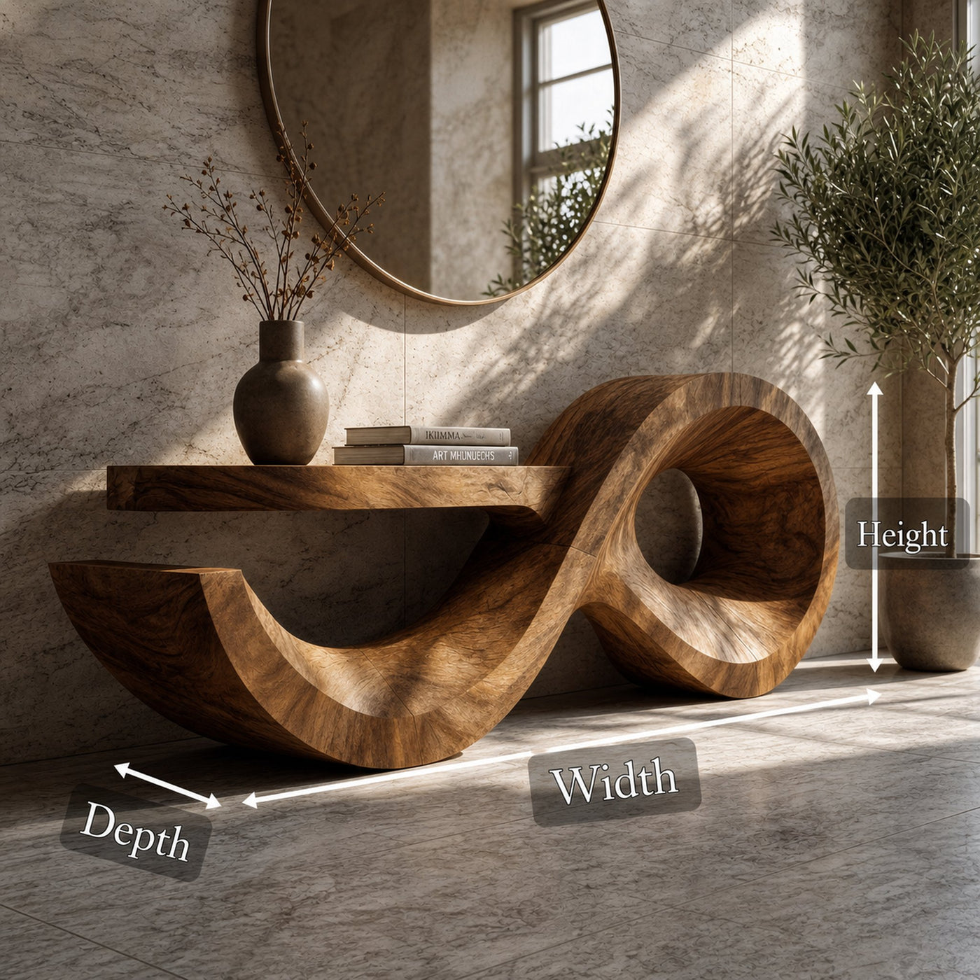 Contemporary Console Table With Sculptural Wave Wood Base And Solid Wood Top For Living Room - product view 8