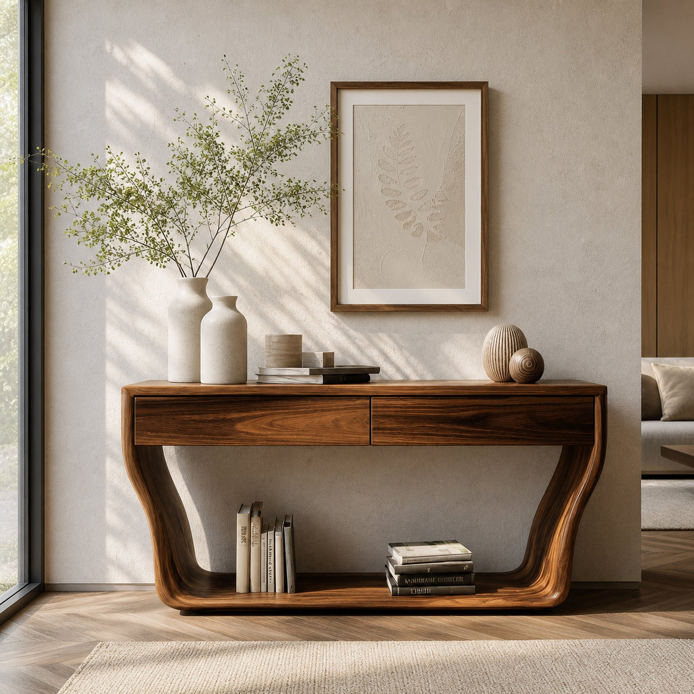 Contemporary Natural Wood Console Table With Two Drawers For Entryway