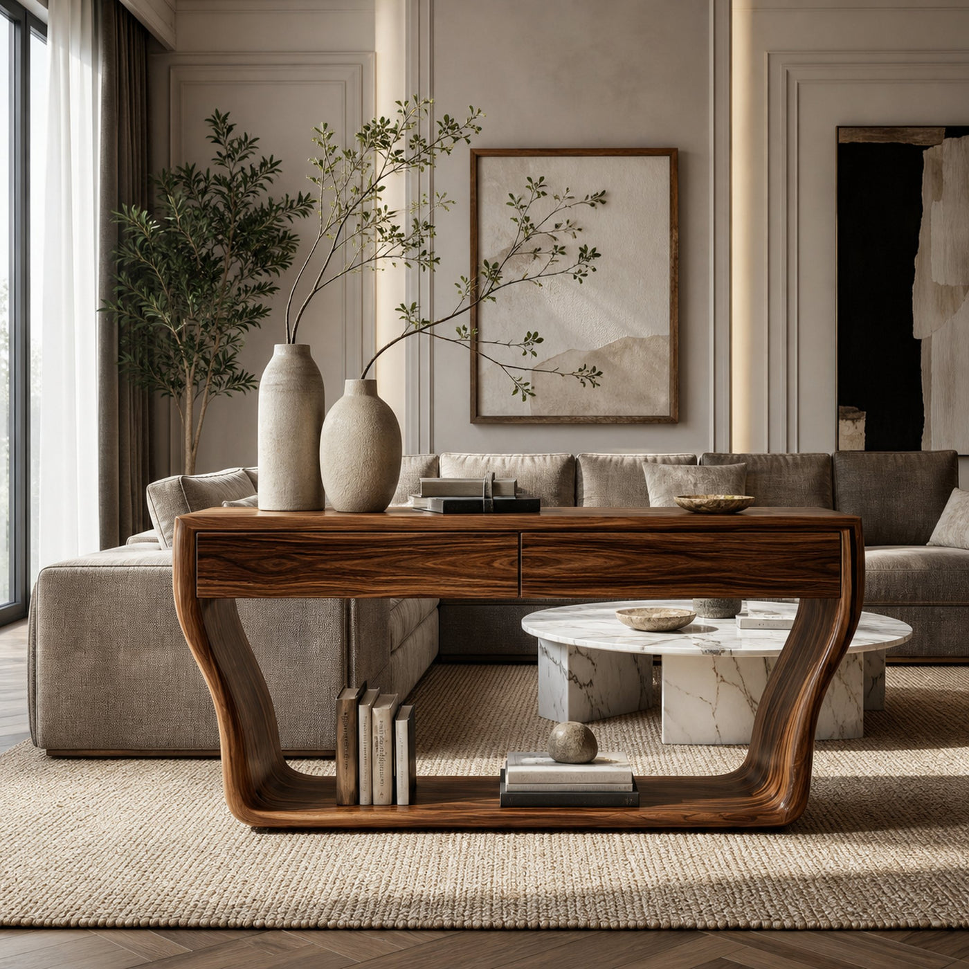 Contemporary Natural Wood Console Table With Two Drawers For Entryway - product view 2