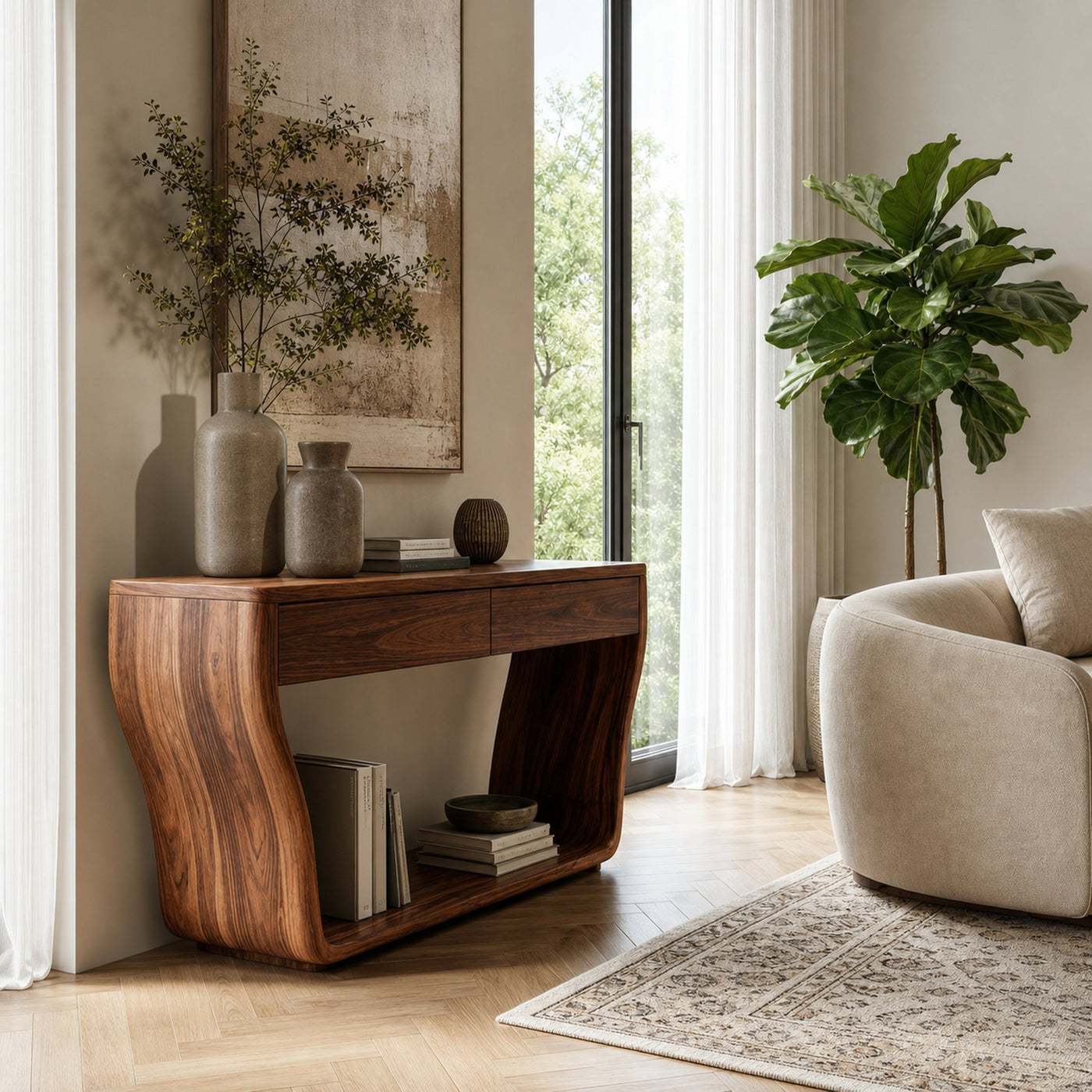 Contemporary Natural Wood Console Table With Two Drawers For Entryway - product view 3