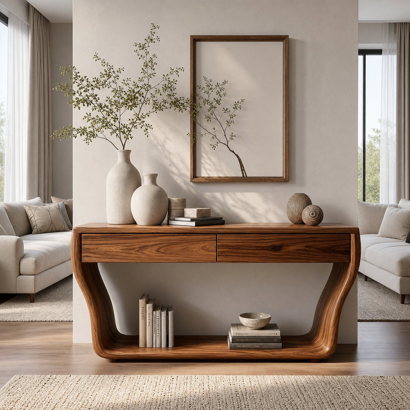Contemporary Natural Wood Console Table With Two Drawers For Entryway - product view 6