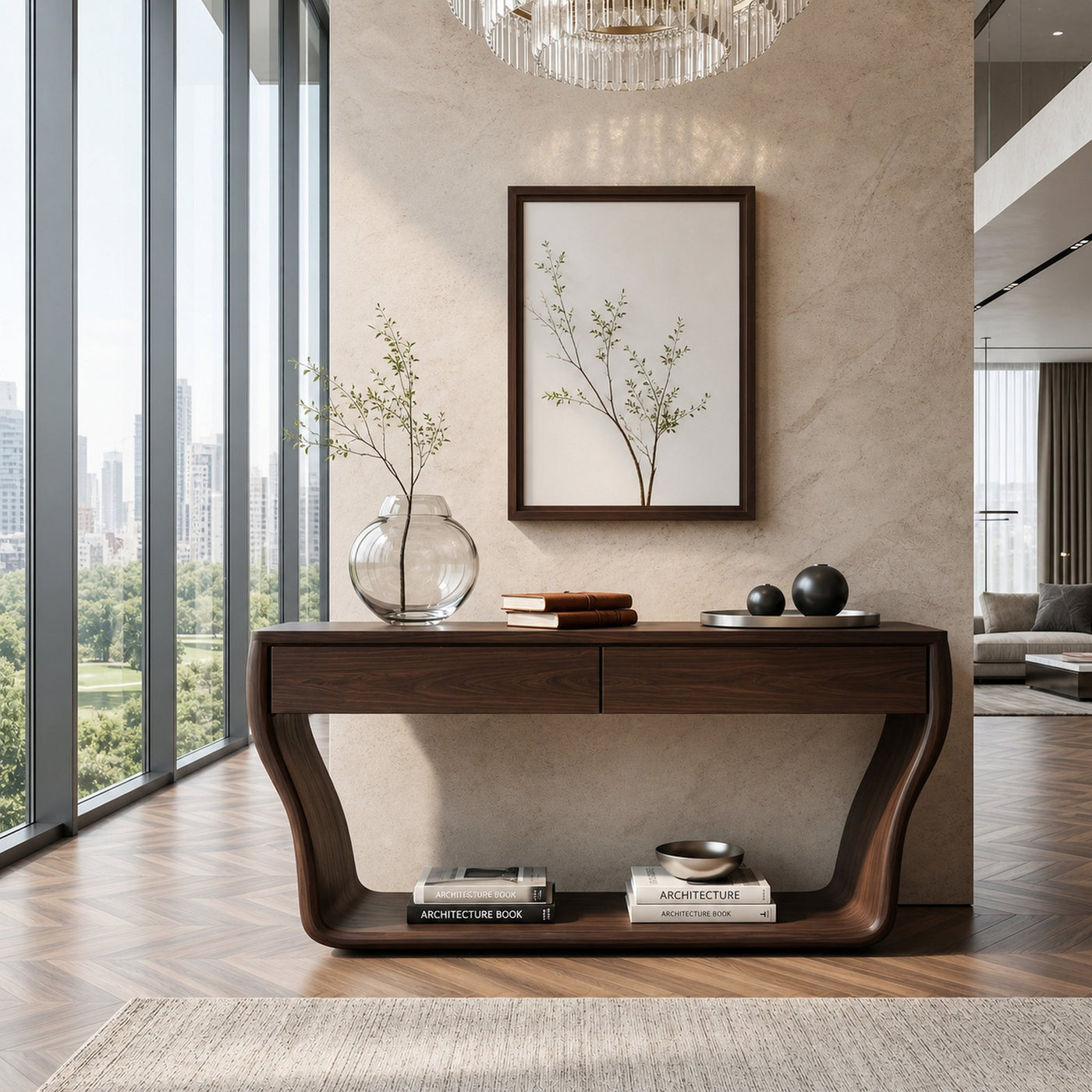Contemporary Natural Wood Console Table With Two Drawers For Entryway - product view 7