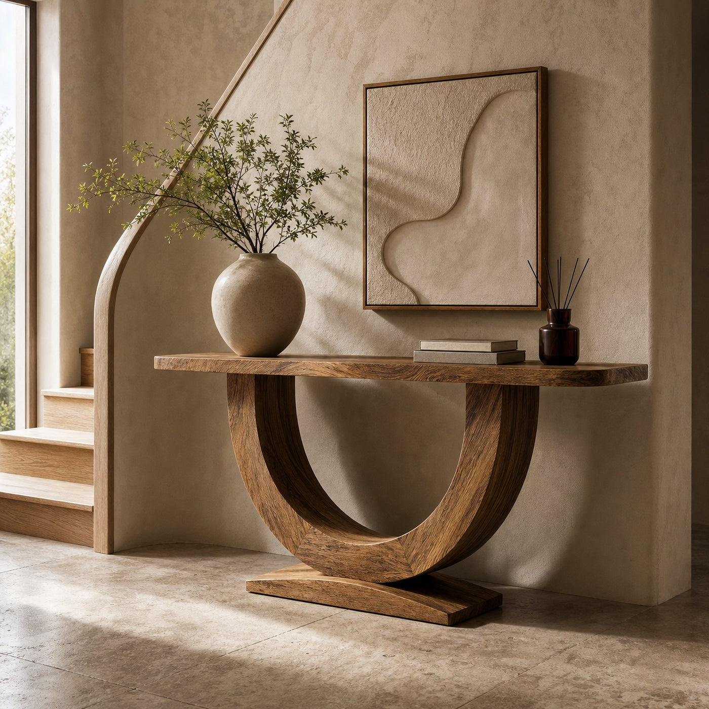 Contemporary Organic Console Table With U Shape Pedestal Base For Entryway And Living Room