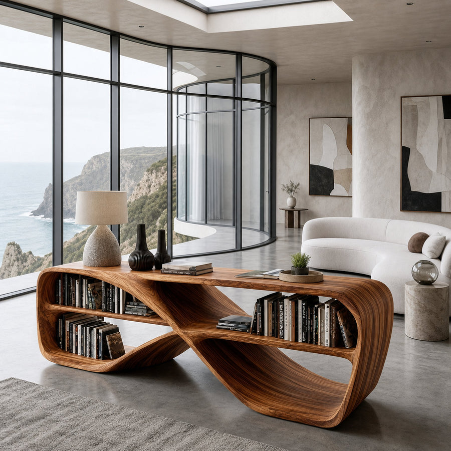 Contemporary Sculptural Natural Wood Console Table For Living Room