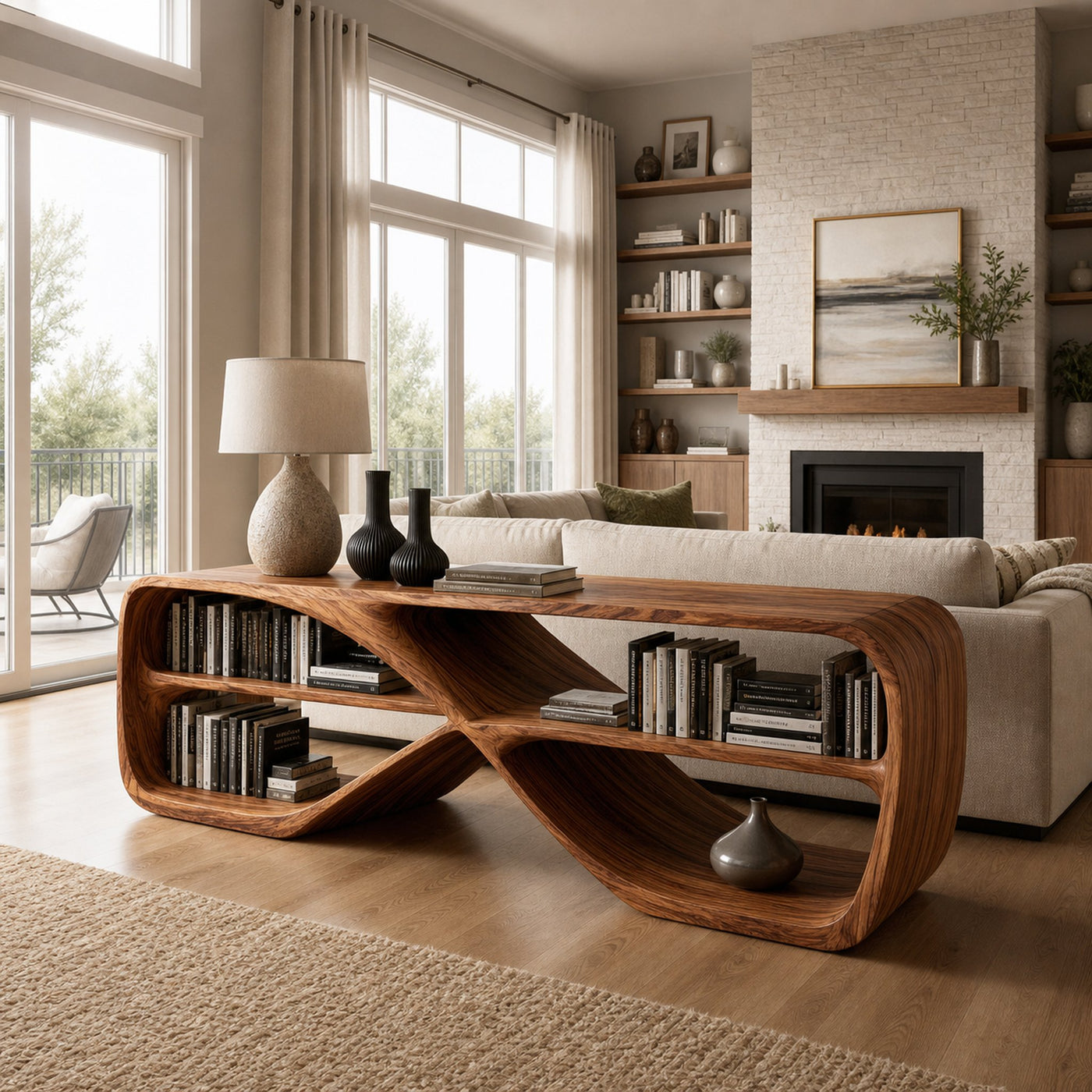 Contemporary Sculptural Natural Wood Console Table For Living Room - product view 6
