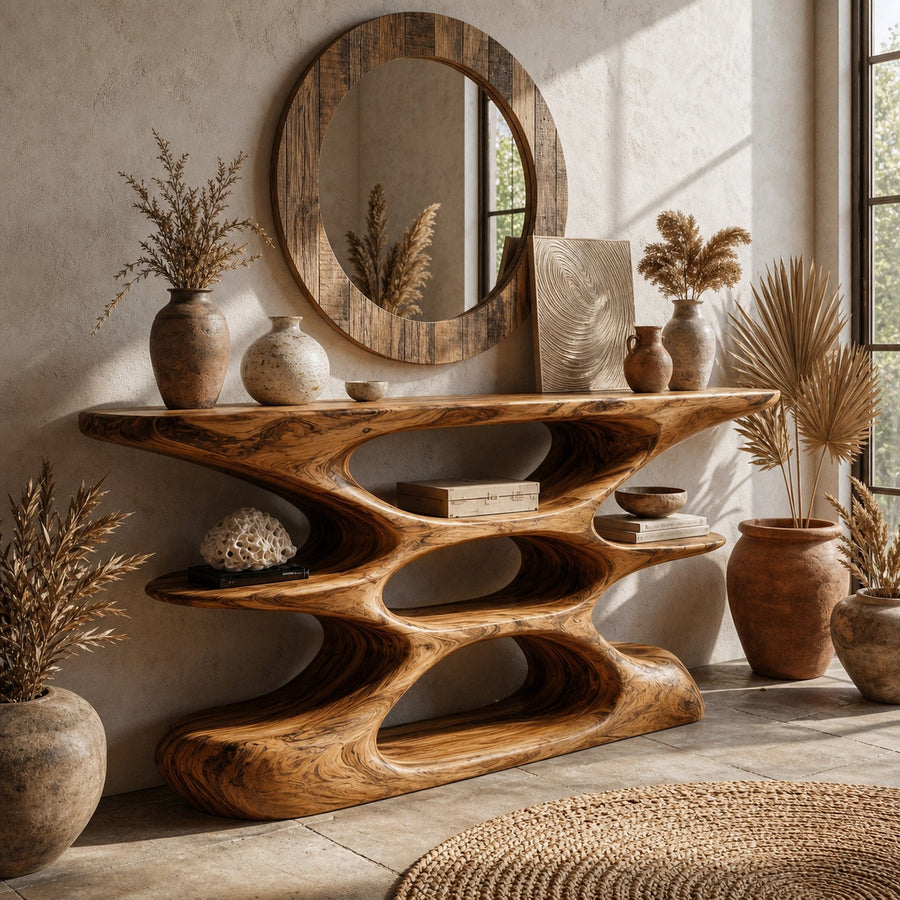Contemporary Sculptural Wood Console Table With Cutout Shelves For Living