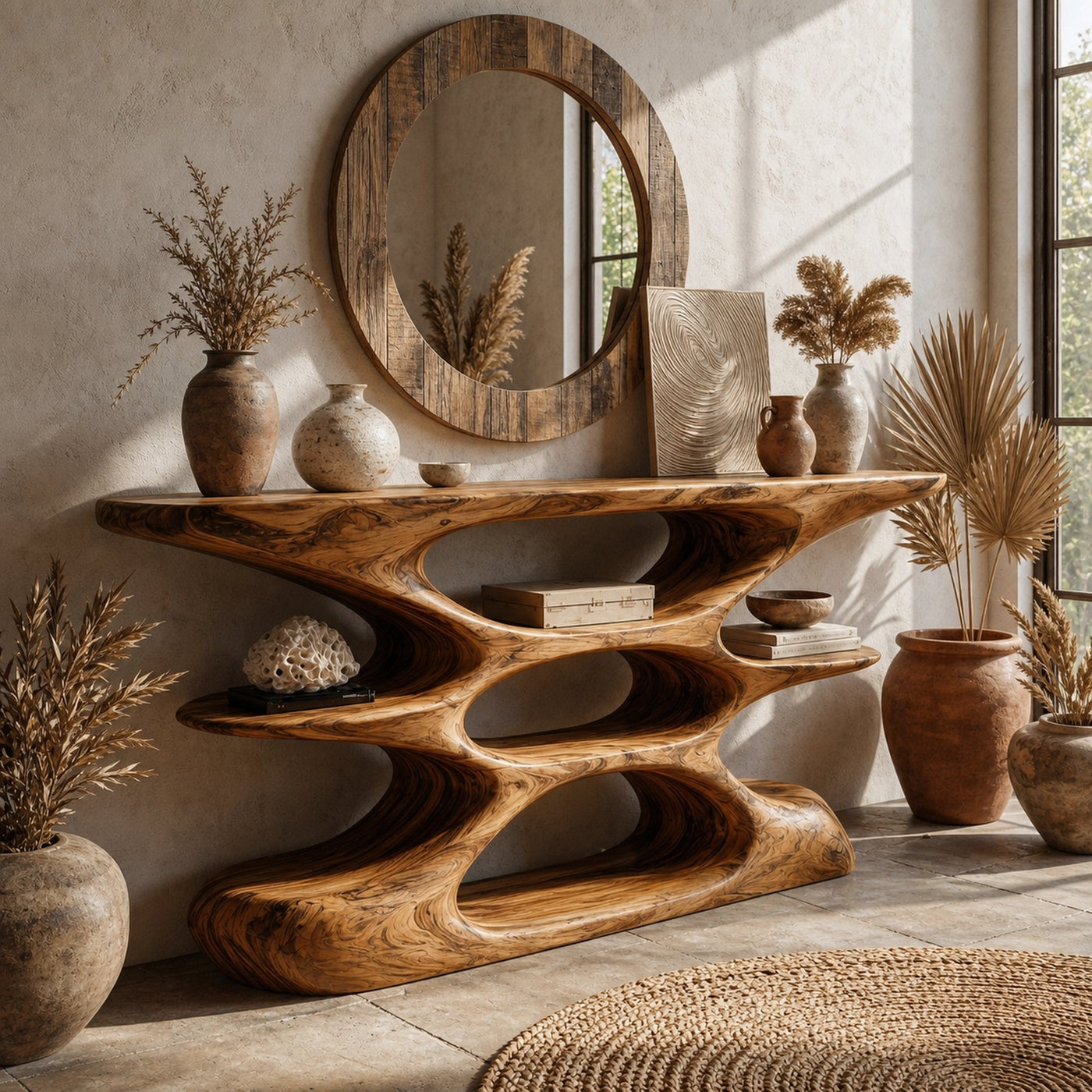 Contemporary Sculptural Wood Console Table With Cutout Shelves For Living