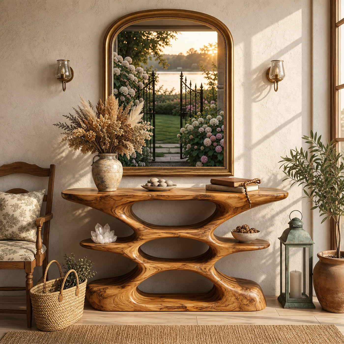 Contemporary Sculptural Wood Console Table With Cutout Shelves For Living - product view 2