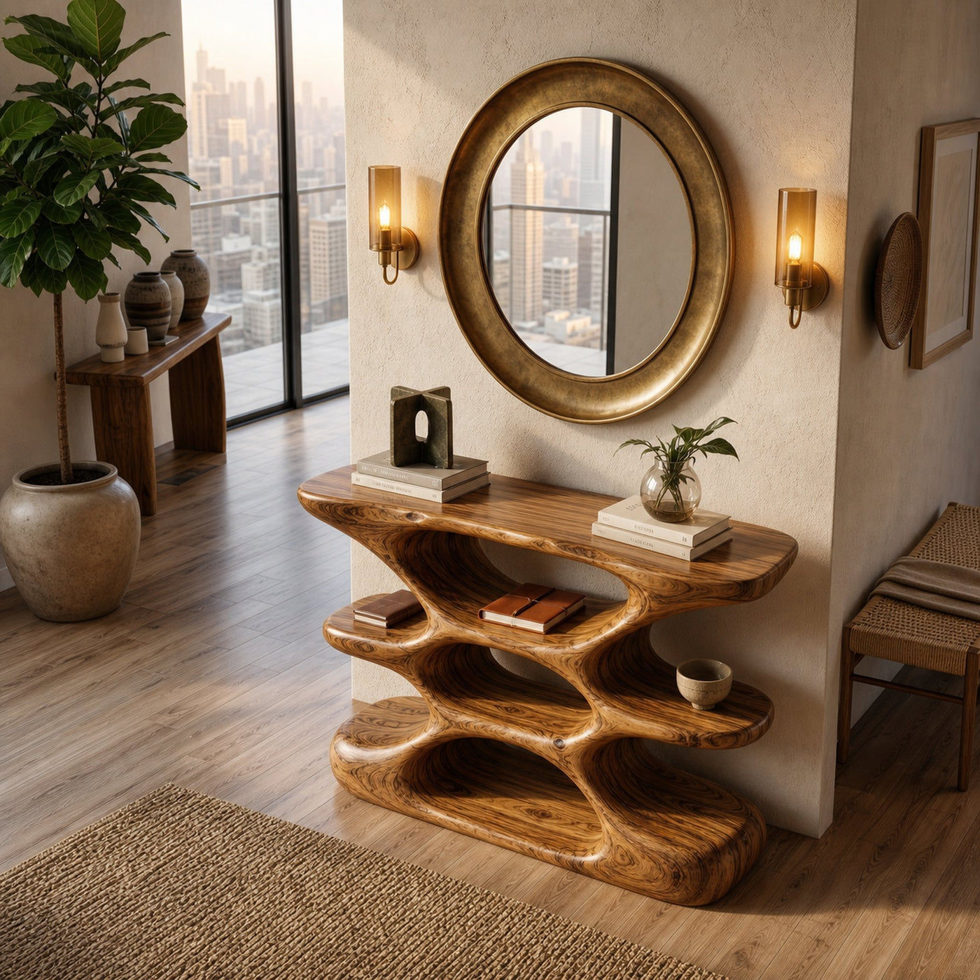 Contemporary Sculptural Wood Console Table With Cutout Shelves For Living - product view 3