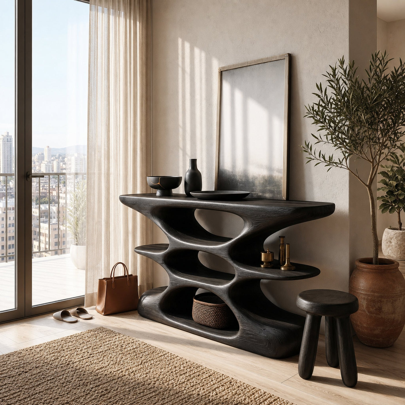 Contemporary Sculptural Wood Console Table With Cutout Shelves For Living - product view 4