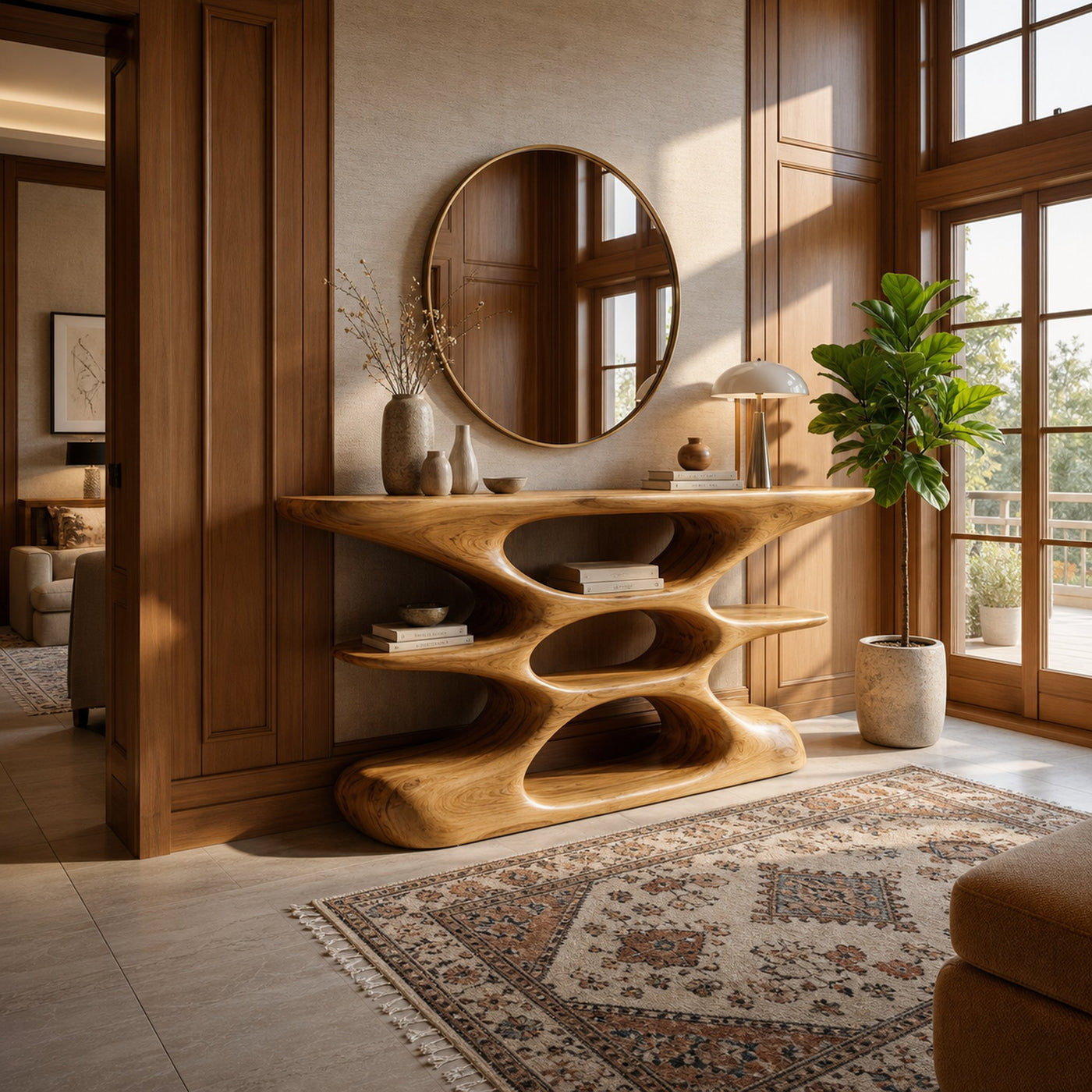 Contemporary Sculptural Wood Console Table With Cutout Shelves For Living - product view 5