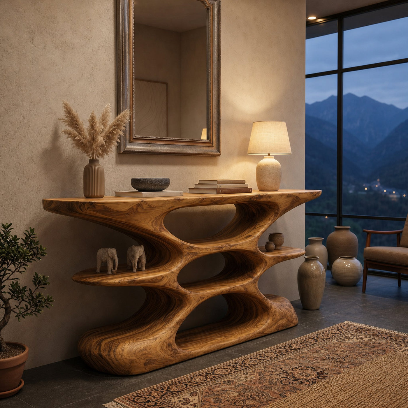 Contemporary Sculptural Wood Console Table With Cutout Shelves For Living - product view 6