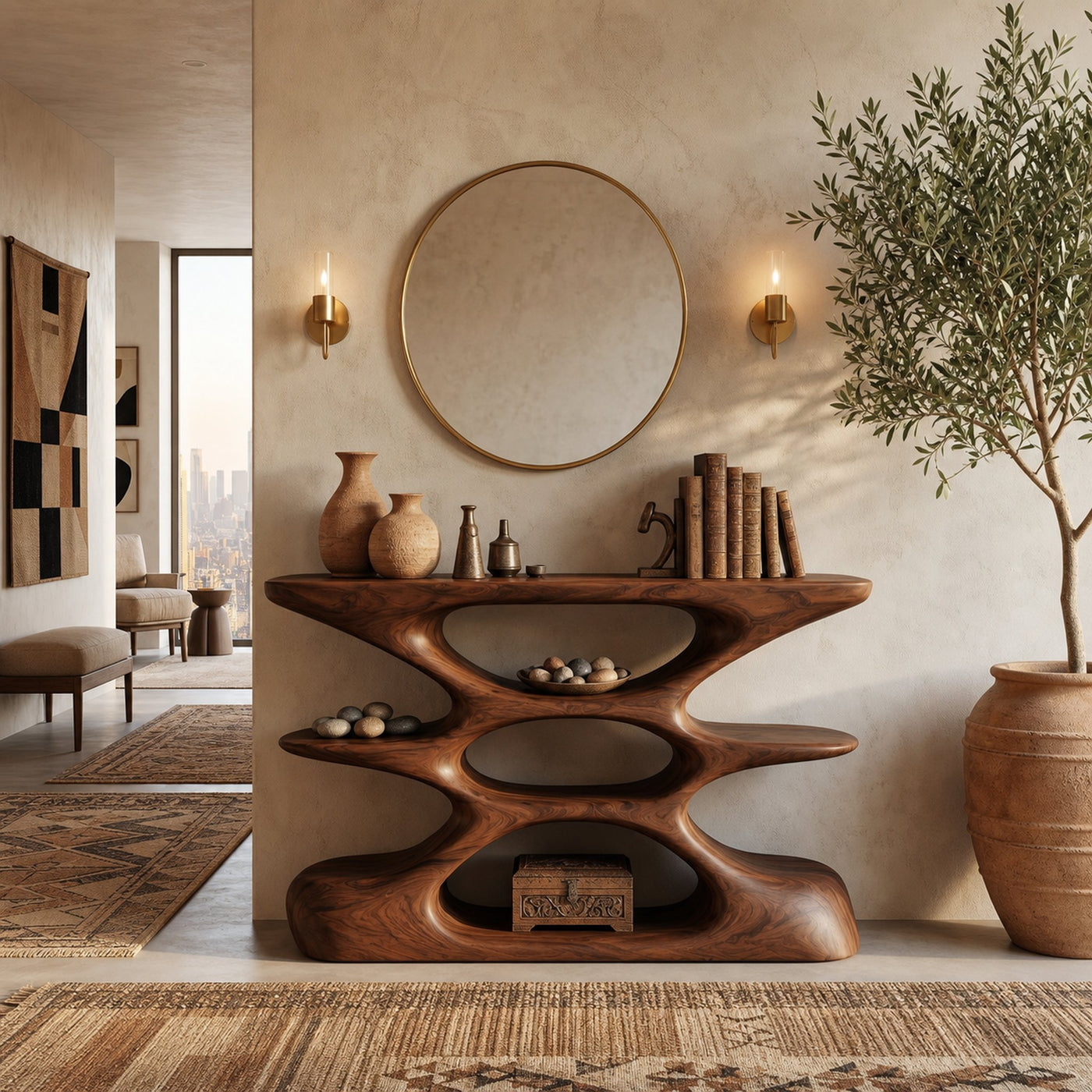 Contemporary Sculptural Wood Console Table With Cutout Shelves For Living - product view 7