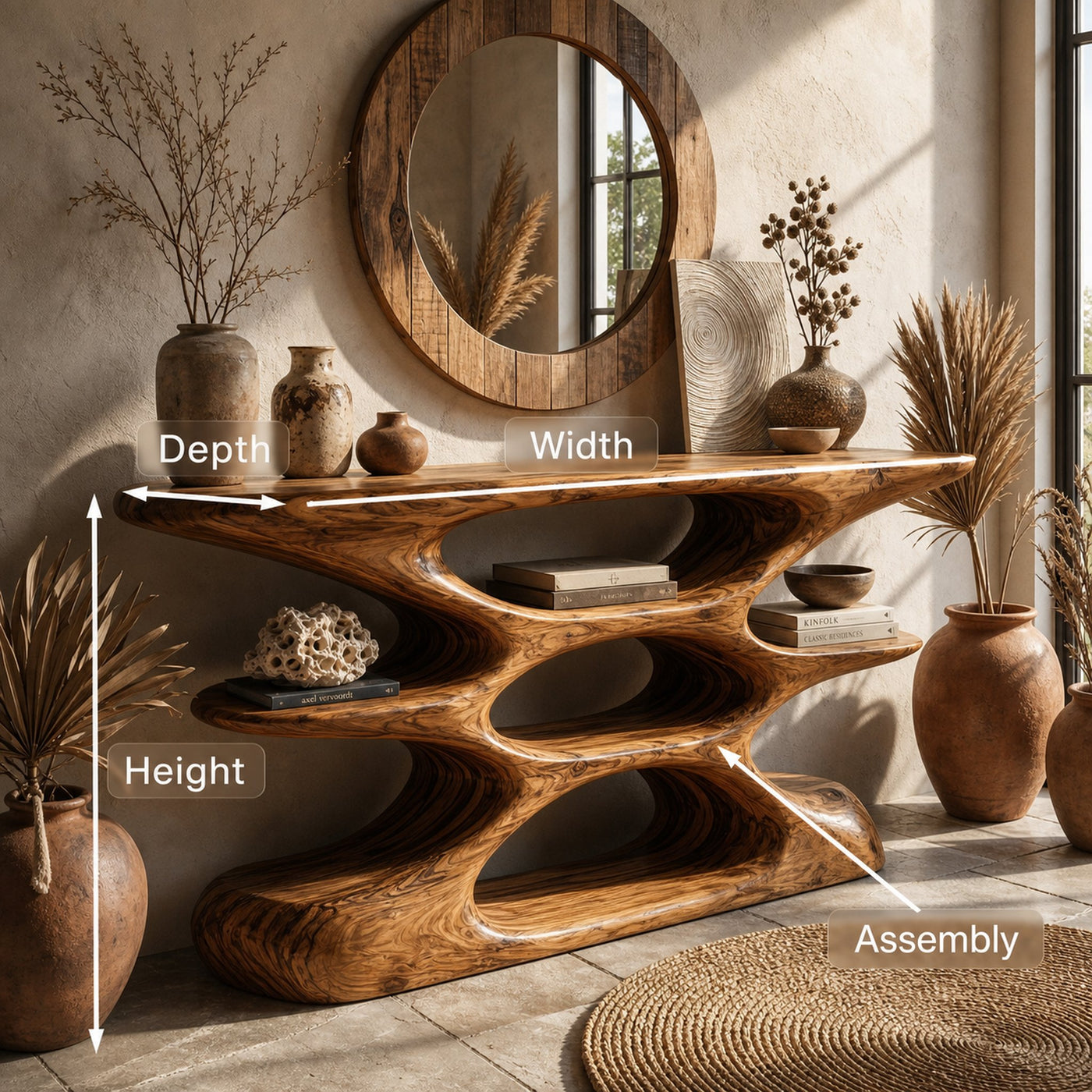 Contemporary Sculptural Wood Console Table With Cutout Shelves For Living - product view 8