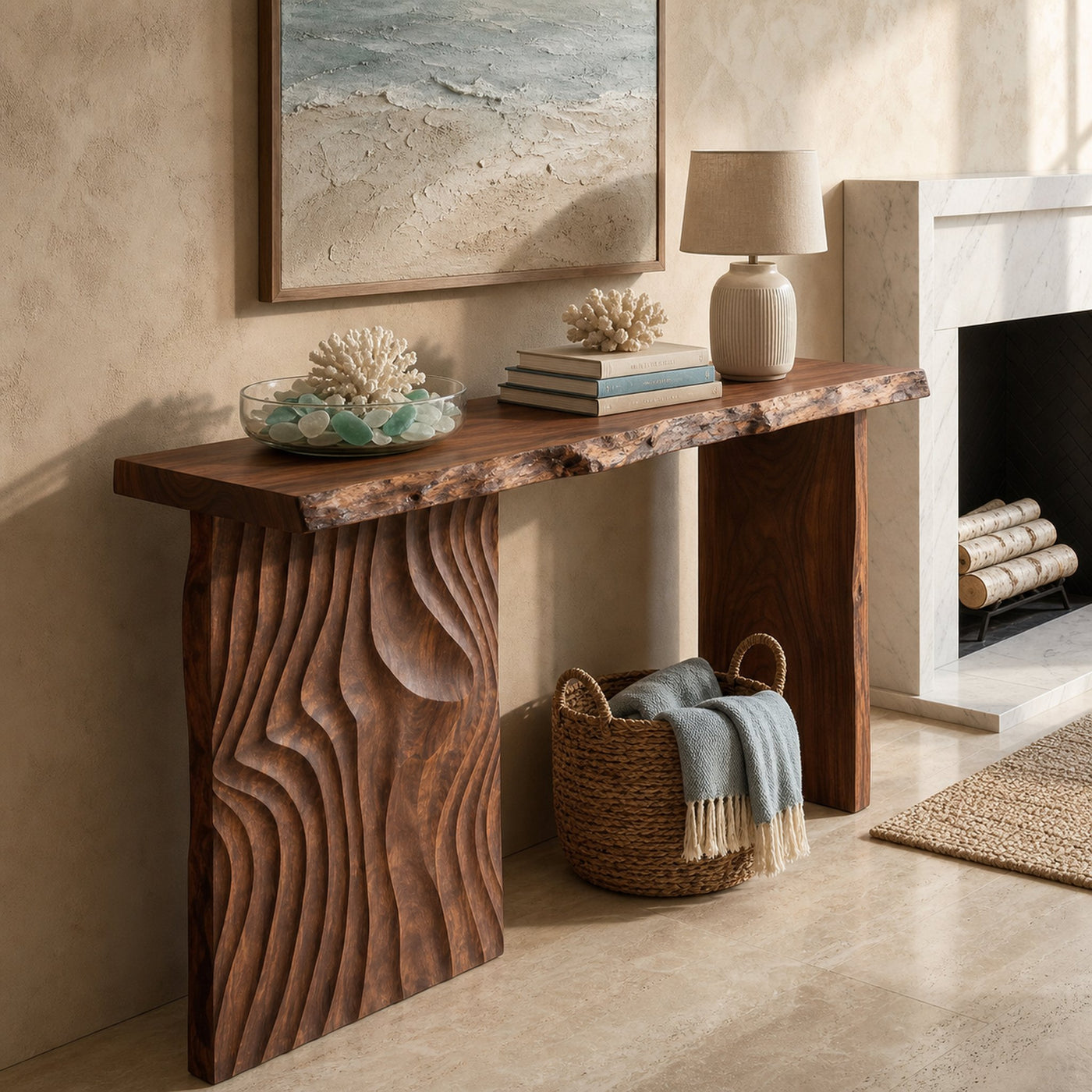 Contemporary Textured Edge Console Table For Open Foyer