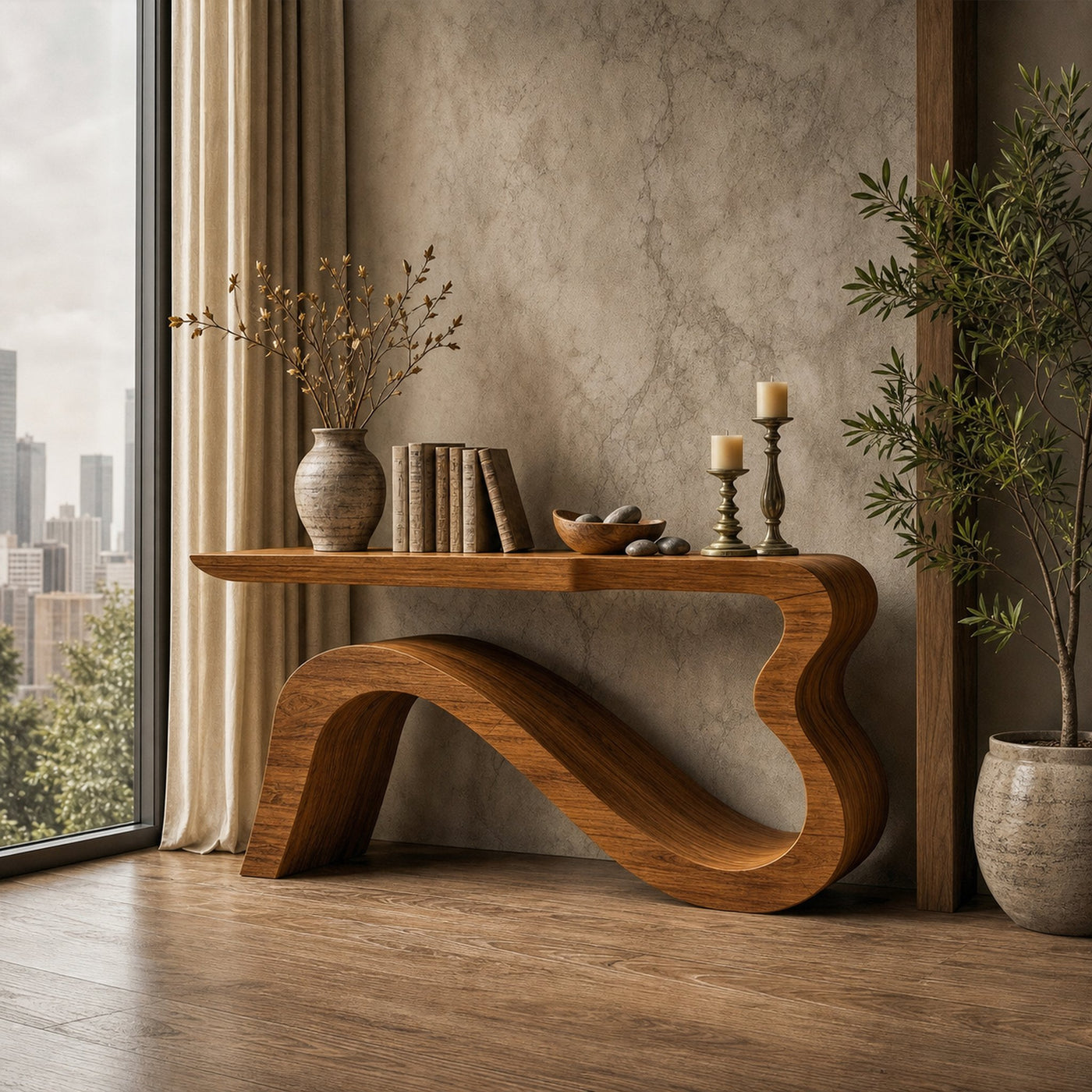 Contemporary Wave Console Table Solid Wood Soft Curved Sculptural Base For Living Room