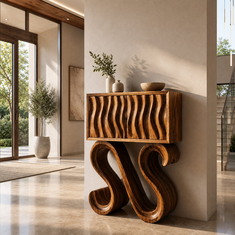 Contemporary Wood Console Table With Sculptural Undulating Legs For Home
