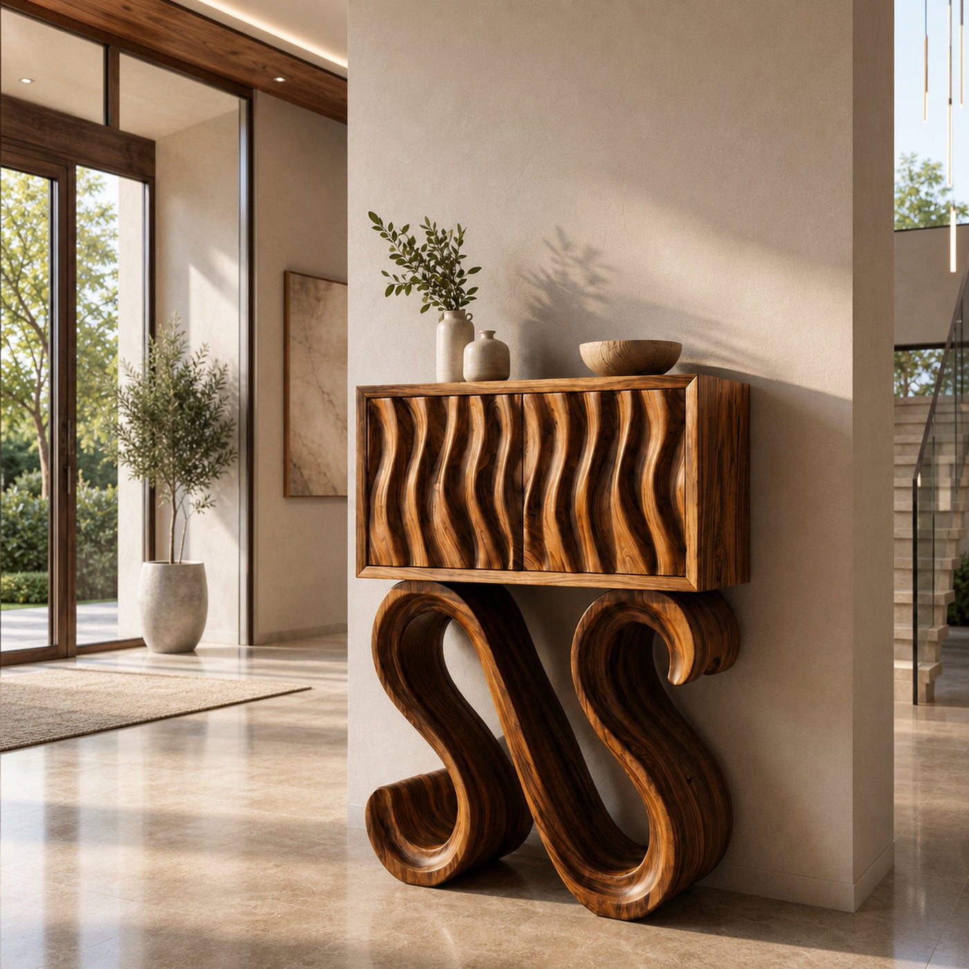 Contemporary Wood Console Table With Sculptural Undulating Legs For Home