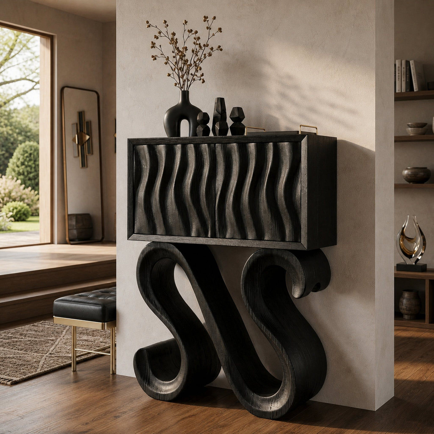 Contemporary Wood Console Table With Sculptural Undulating Legs For Home - product view 4