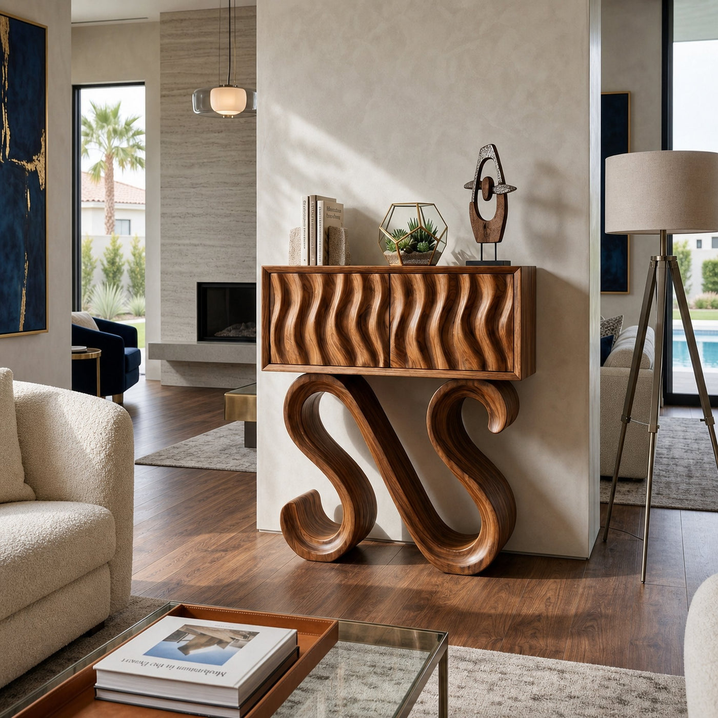 Contemporary Wood Console Table With Sculptural Undulating Legs For Home - product view 6