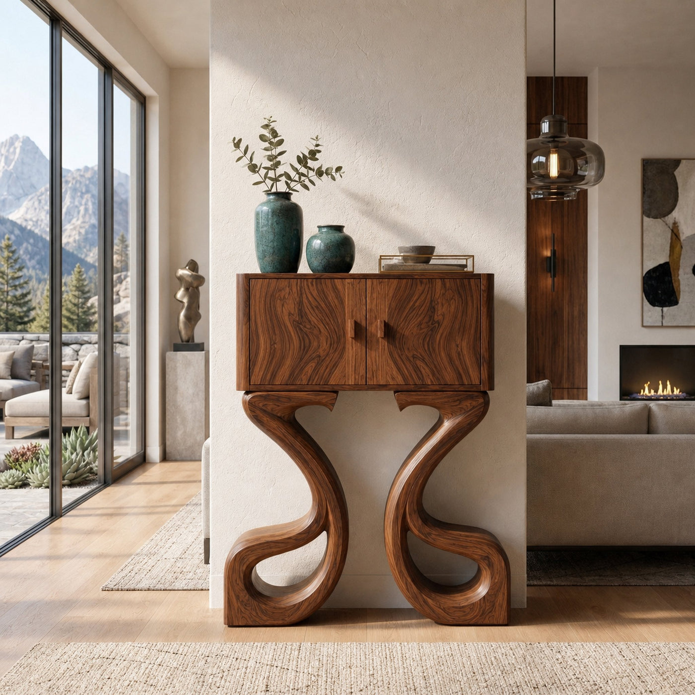 Contemporary Wooden Console Table Symmetrical Base Design For Entryway