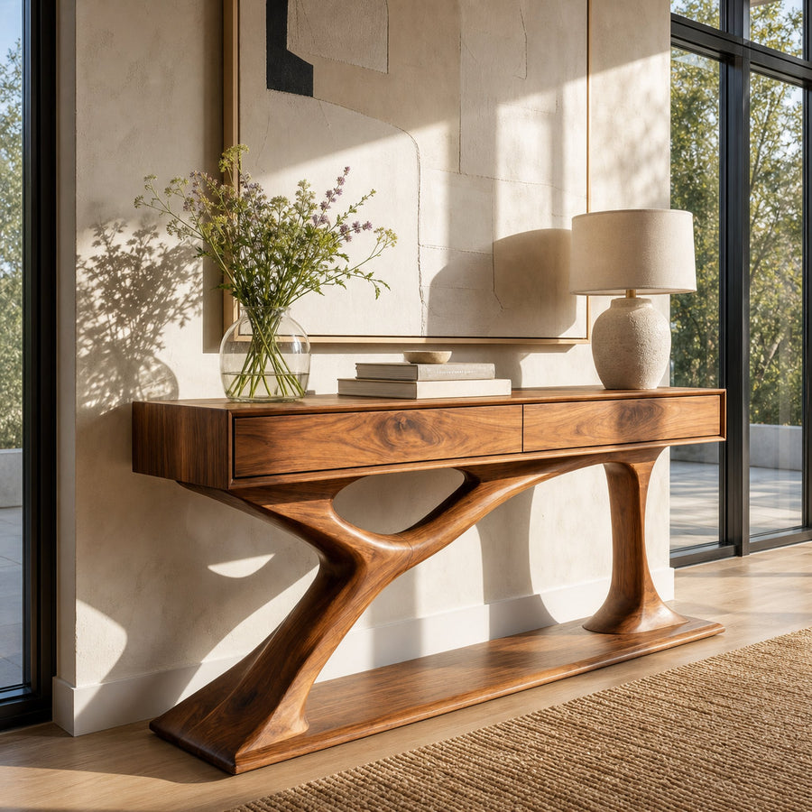 Contemporary Wooden Console Table With Sculptural Base For Living Room