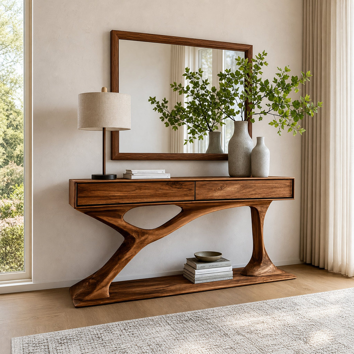 Contemporary Wooden Console Table With Sculptural Base For Living Room - product view 2