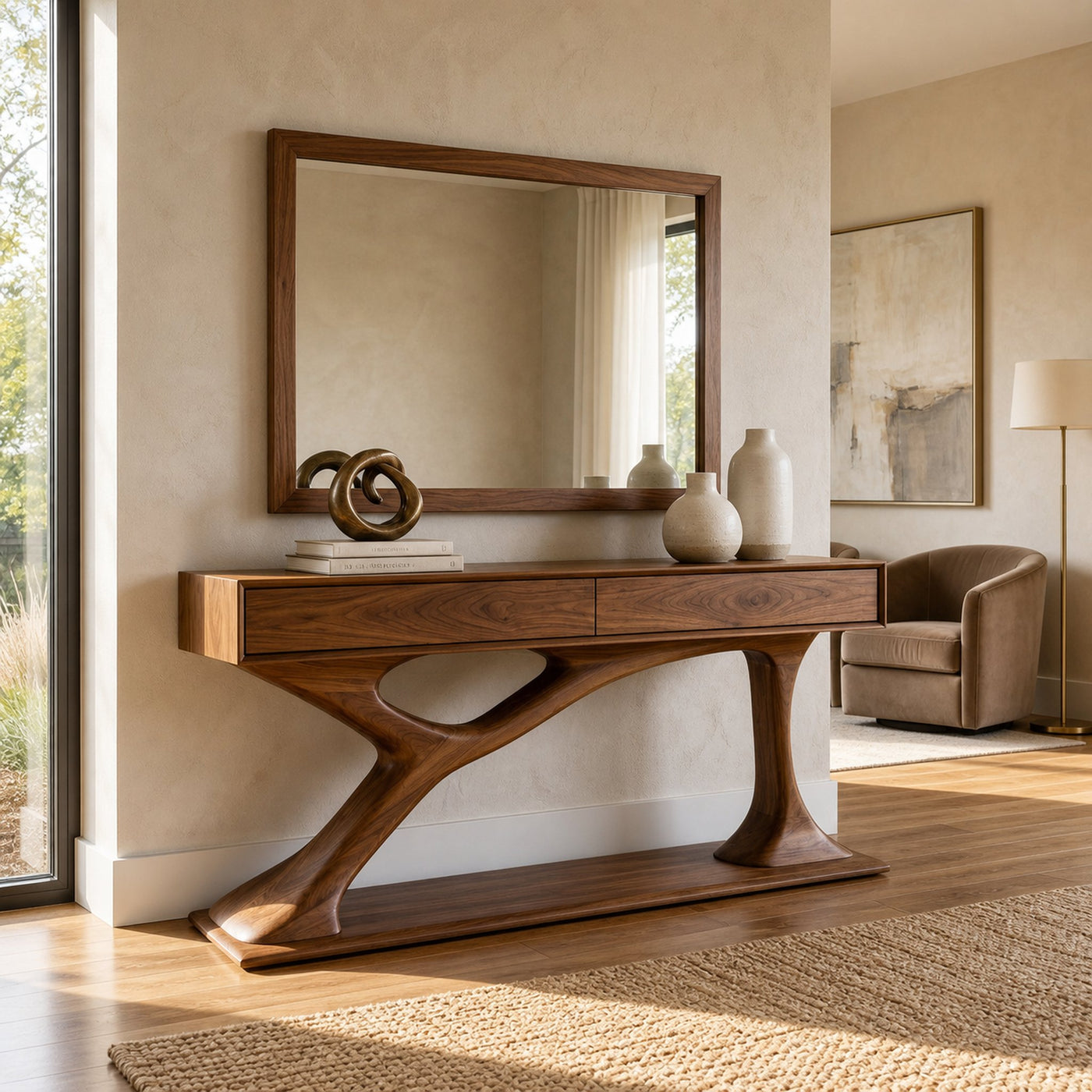 Contemporary Wooden Console Table With Sculptural Base For Living Room - product view 3
