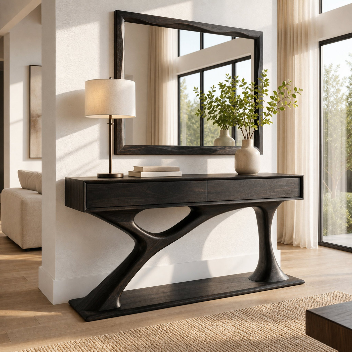 Contemporary Wooden Console Table With Sculptural Base For Living Room - product view 4