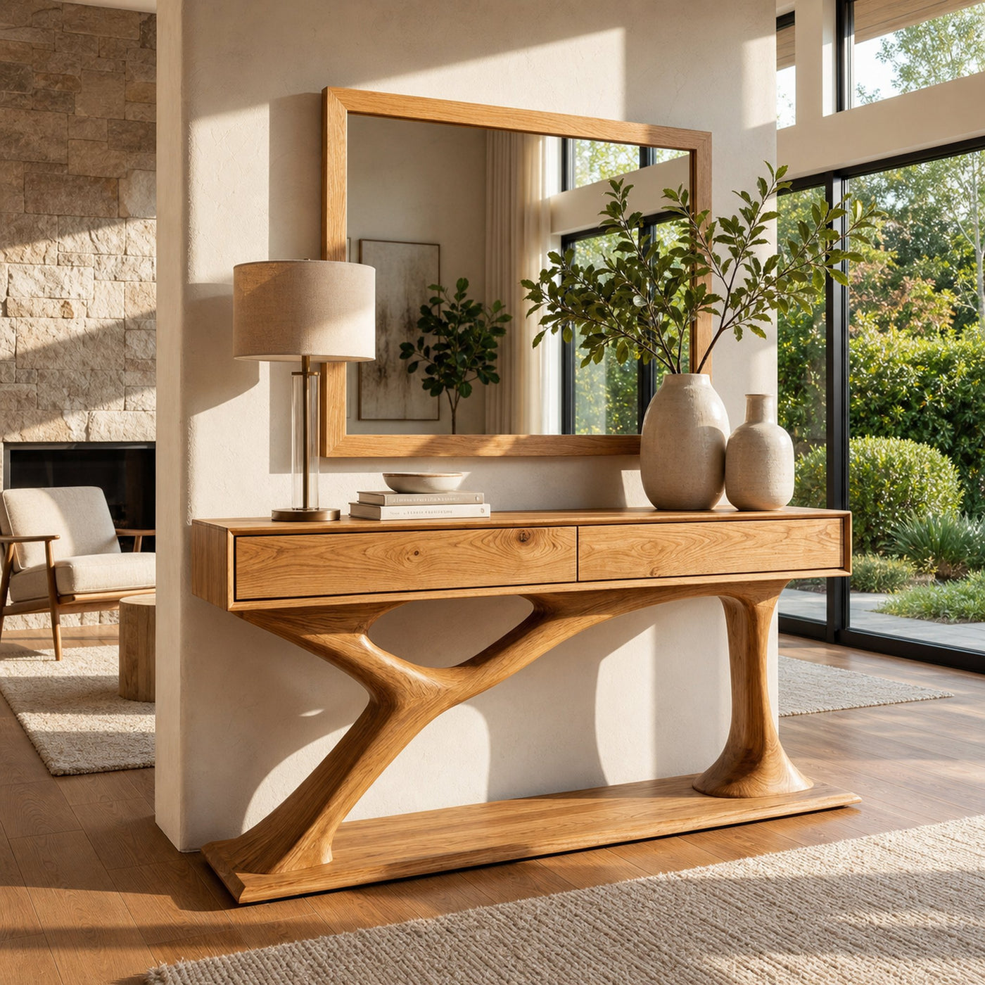 Contemporary Wooden Console Table With Sculptural Base For Living Room - product view 5