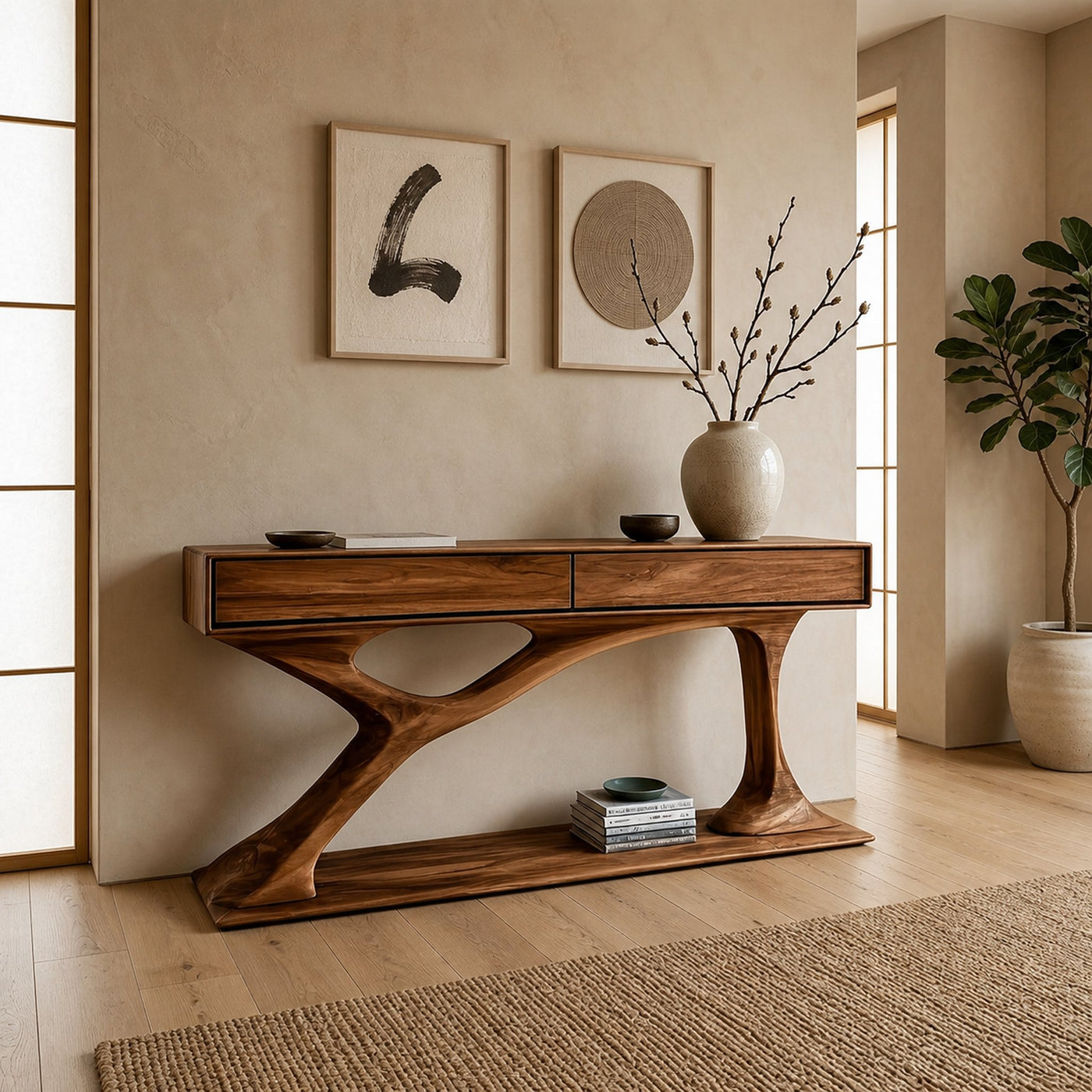 Contemporary Wooden Console Table With Sculptural Base For Living Room - product view 6