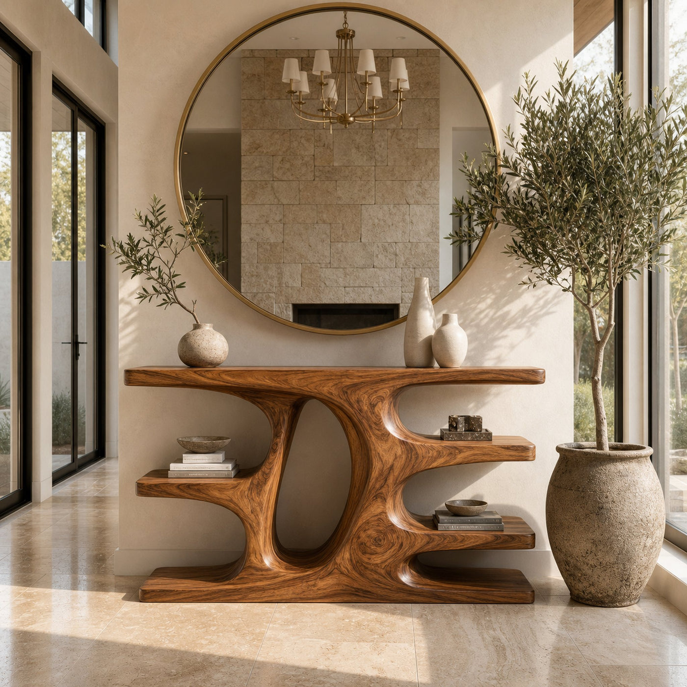 Contemporary Wooden Console Table With Shelf For Living Room