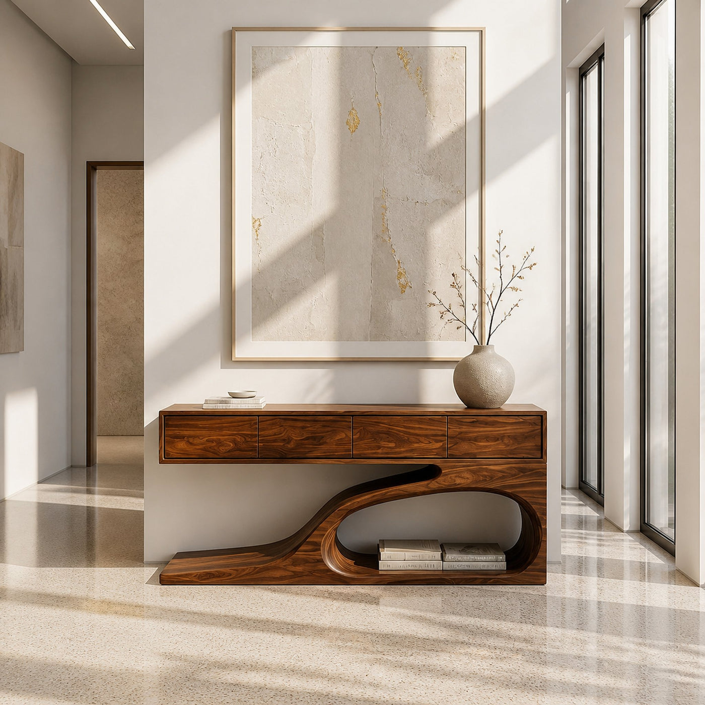 Contemporary Wooden Console Table With Unique Base For Living - product view 2
