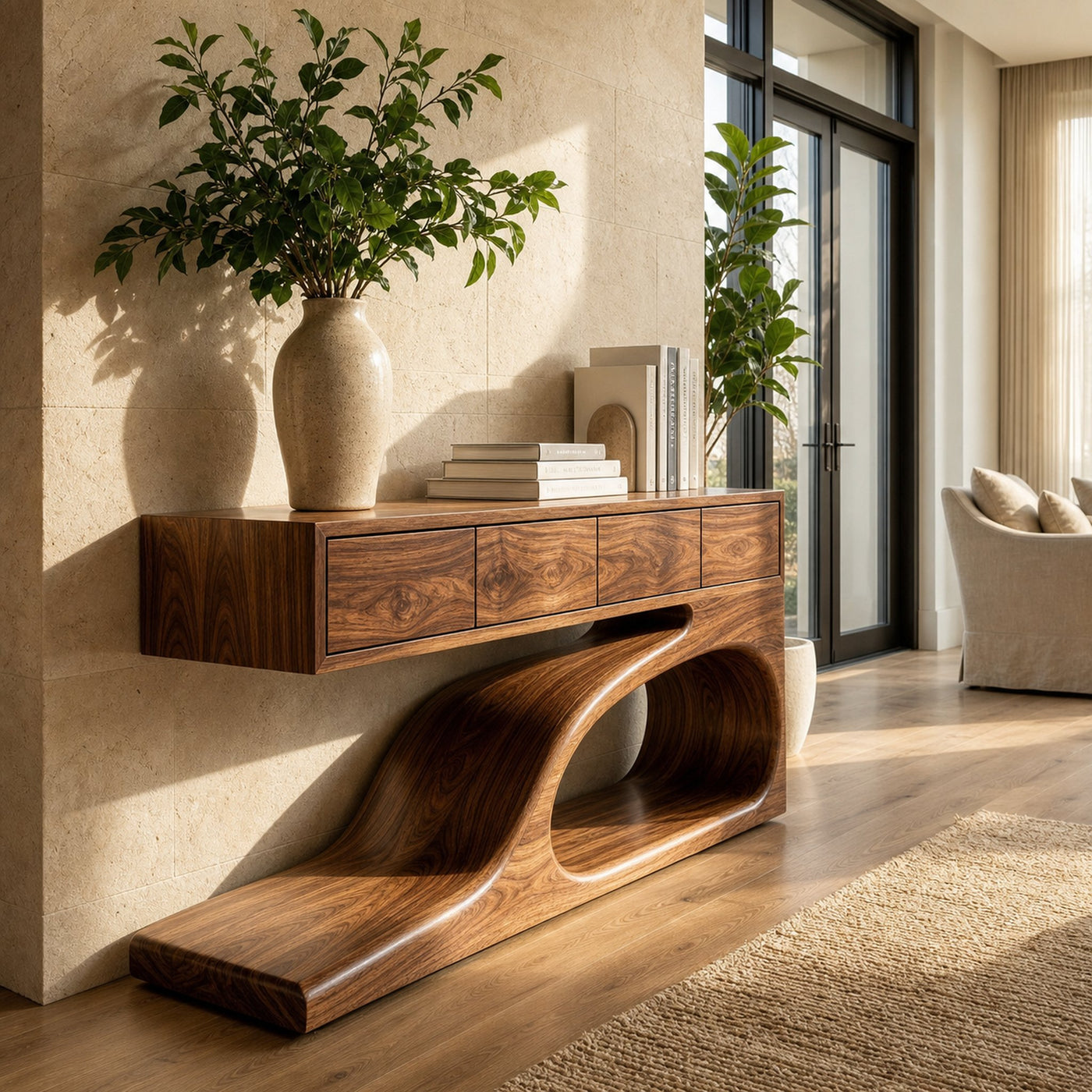 Contemporary Wooden Console Table With Unique Base For Living - product view 3