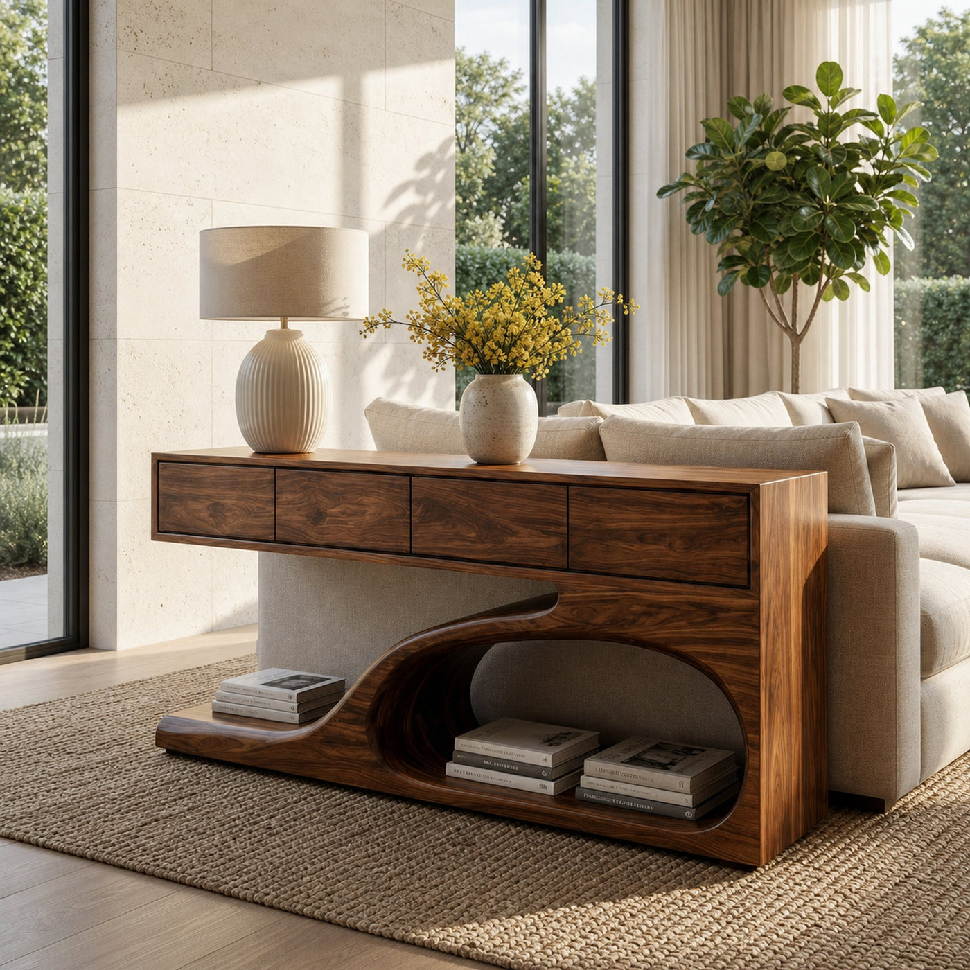 Contemporary Wooden Console Table With Unique Base For Living - product view 6