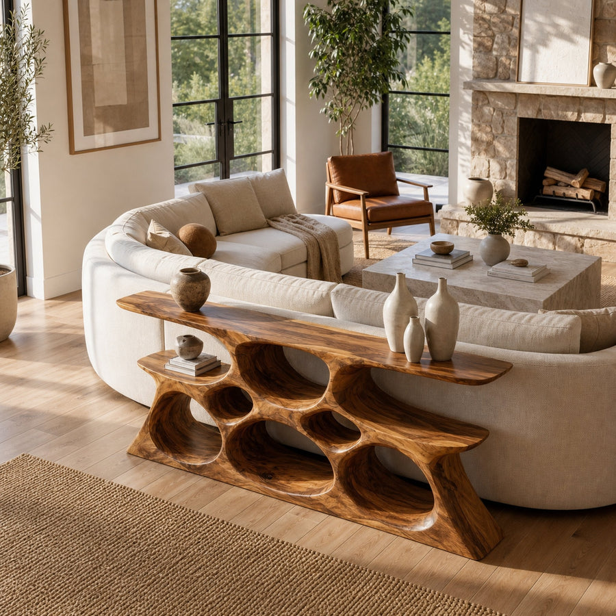 Elegant Wooden Console Table With Sculptural Shelves For Home Decor