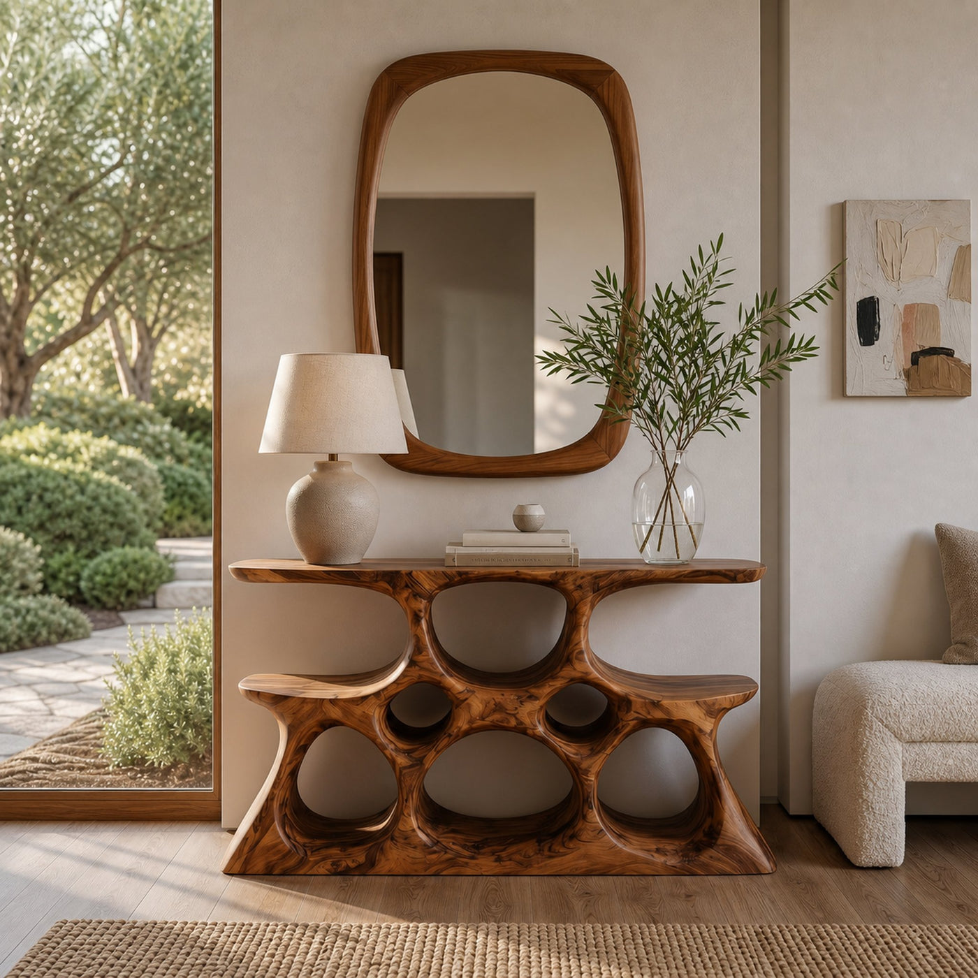 Elegant Wooden Console Table With Sculptural Shelves For Home Decor - product view 2