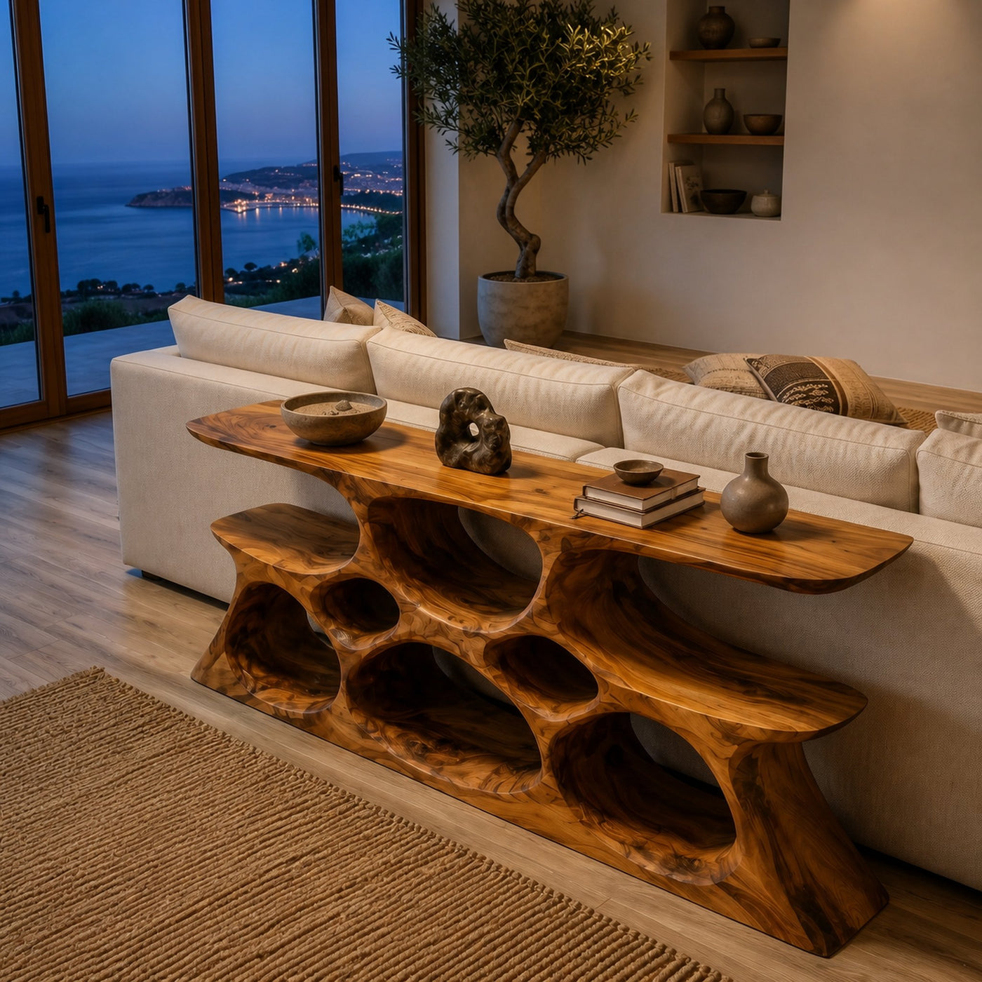 Elegant Wooden Console Table With Sculptural Shelves For Home Decor - product view 3
