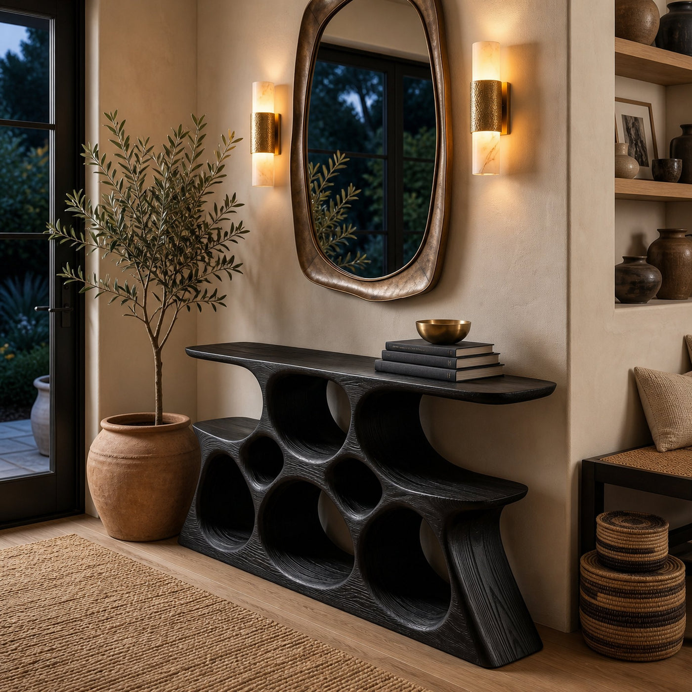 Elegant Wooden Console Table With Sculptural Shelves For Home Decor - product view 4